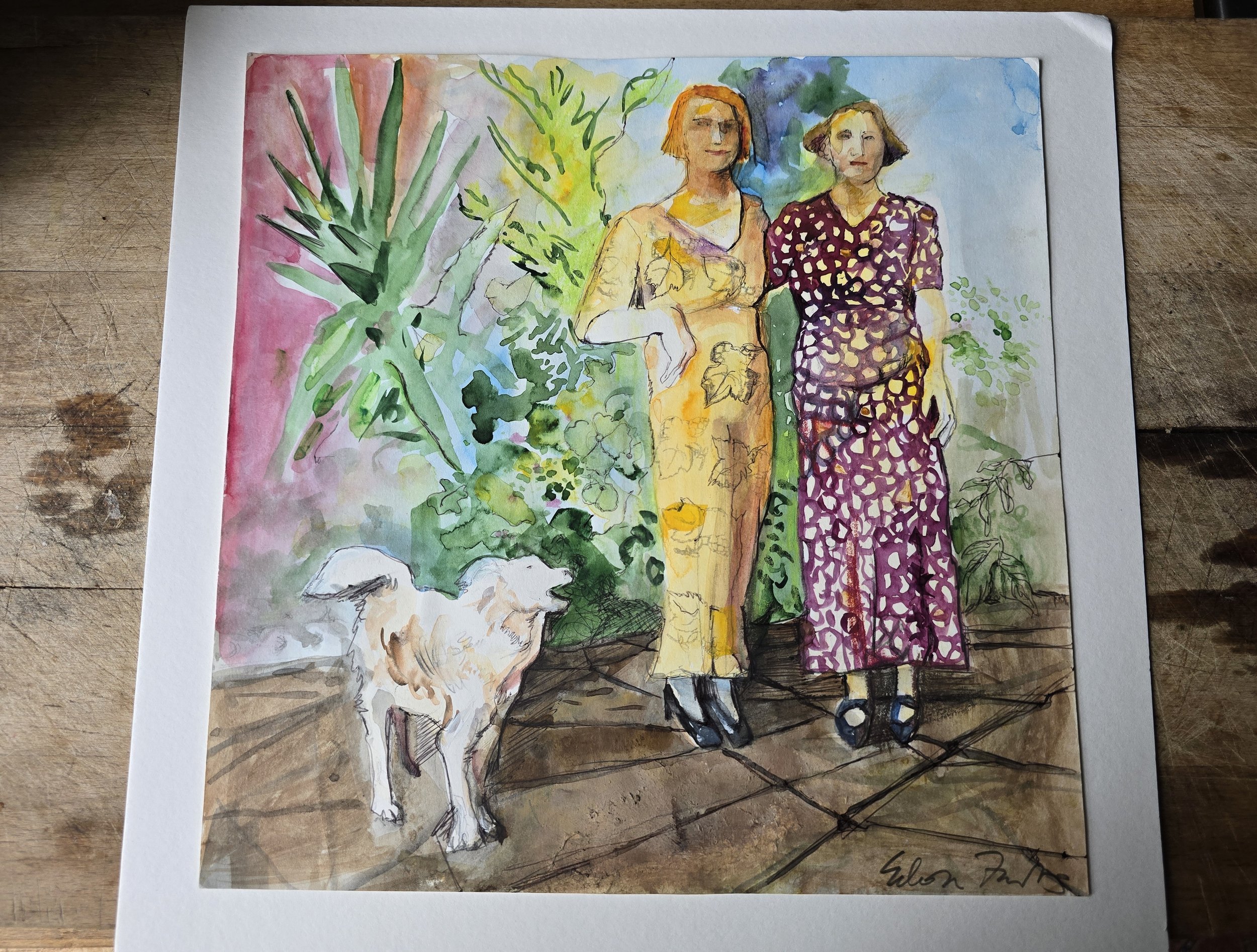 Two ladies and dog original mixed media painting