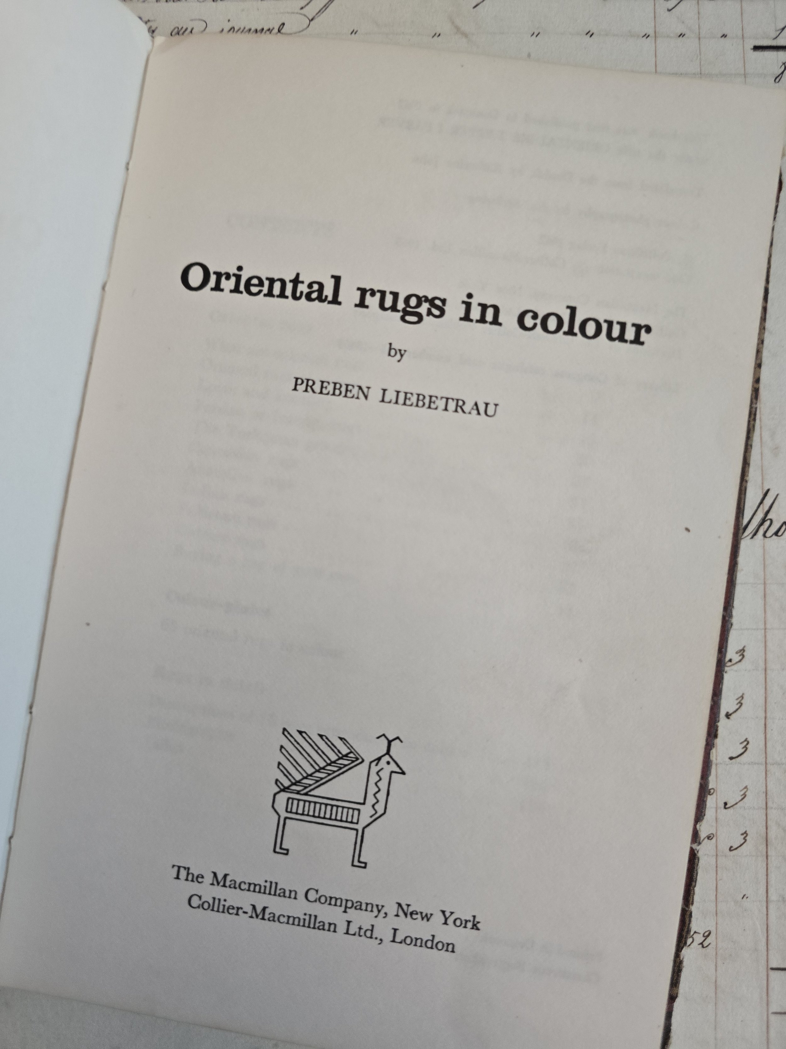 Interior page from Oriental Rugs in Colour showing publisher and book details.