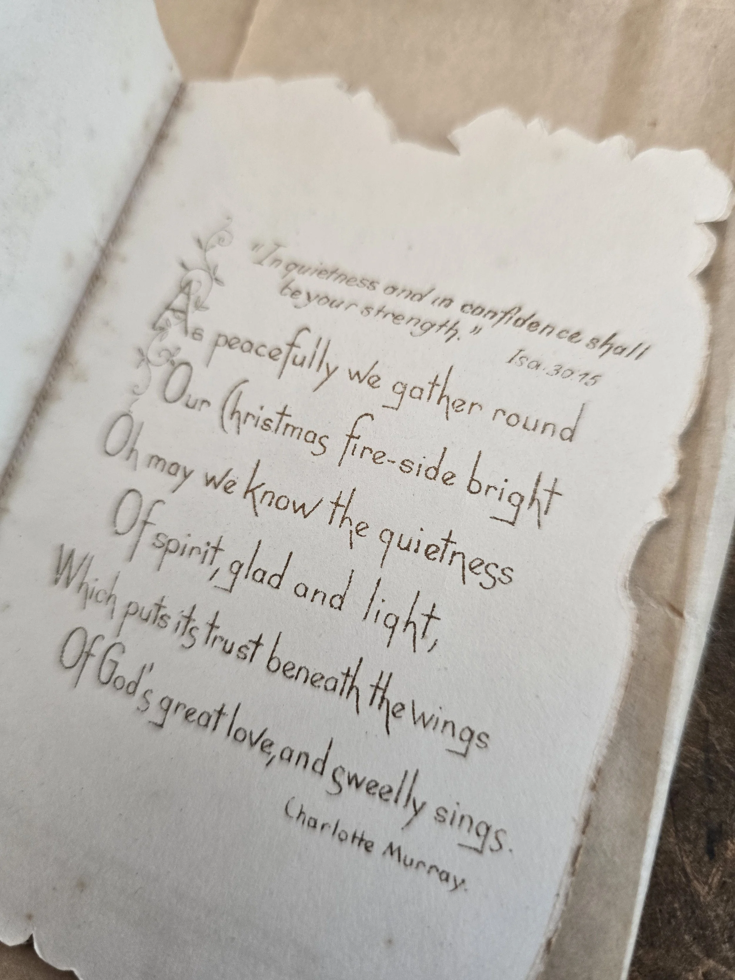Antique Christmas card verse by Charlotte Murray inside Victorian greeting card