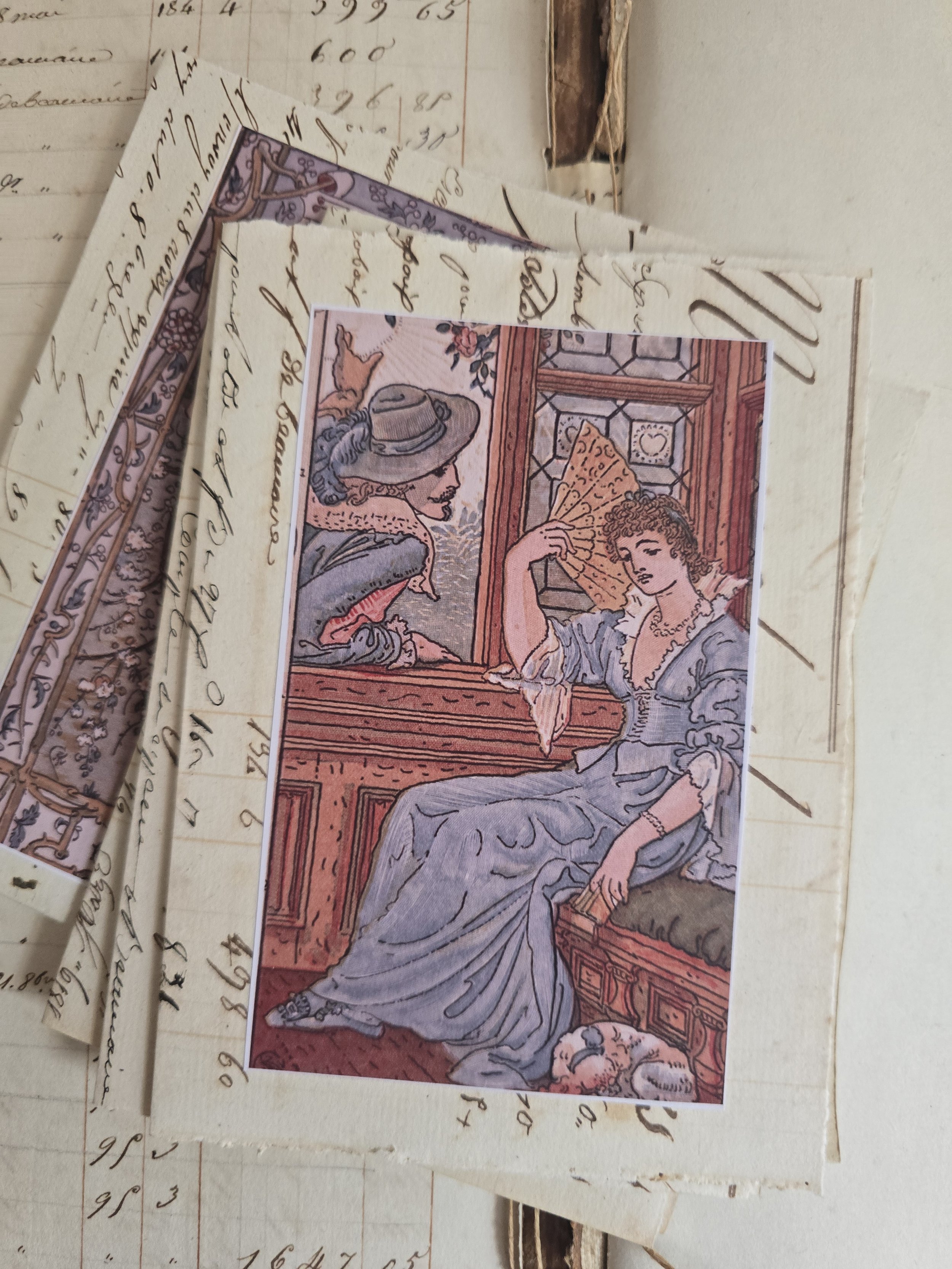 Handmade antique paper card with a period-style illustration of a seated woman holding a fan, mounted on handwritten 1829 French ledger paper.