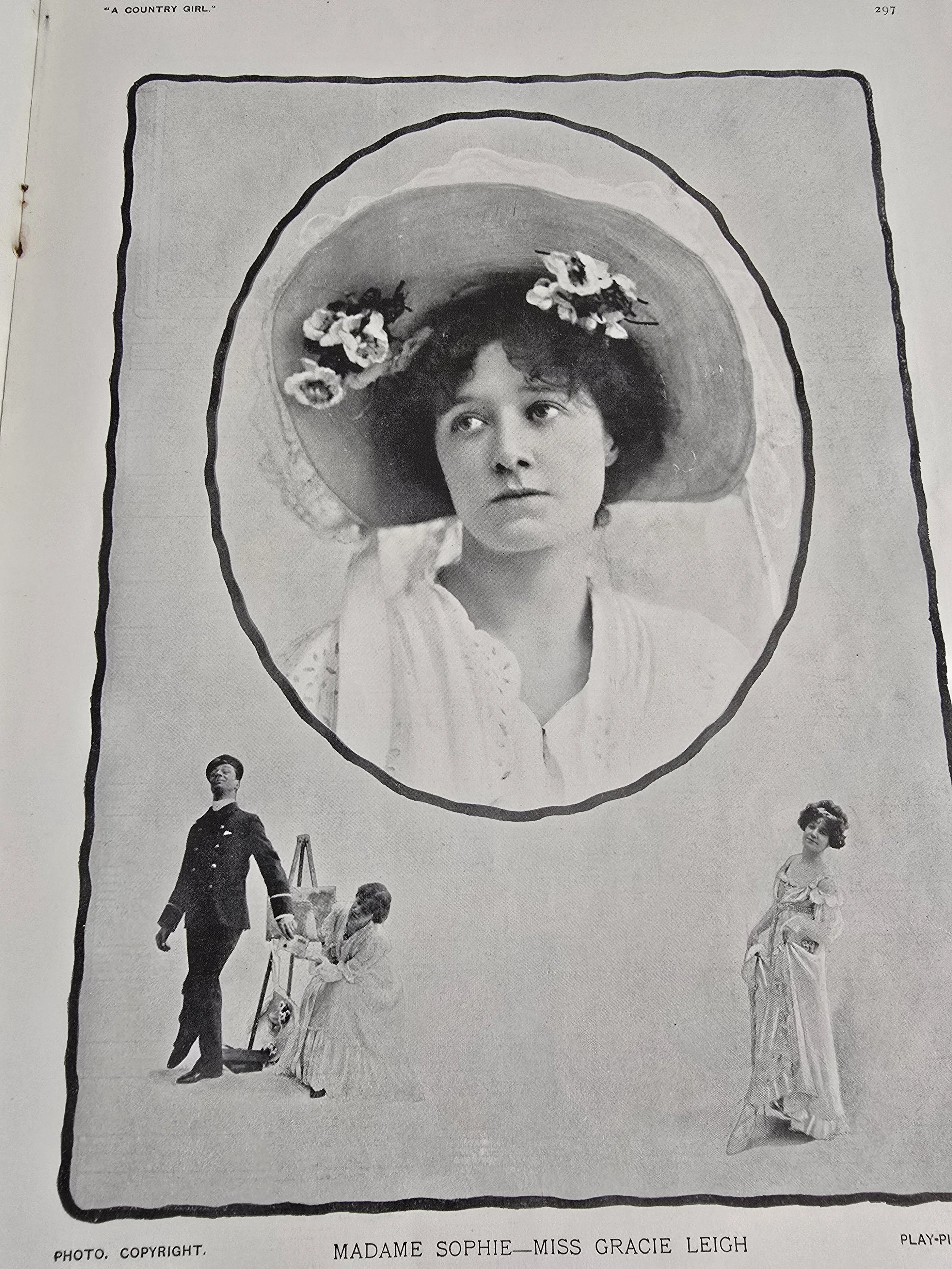Edwardian theatre photo montage featuring Gracie Leigh in hat and costume, with small play scenes