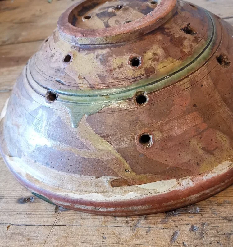 Decorative vintage French bowl styled as farmhouse centrepiece.