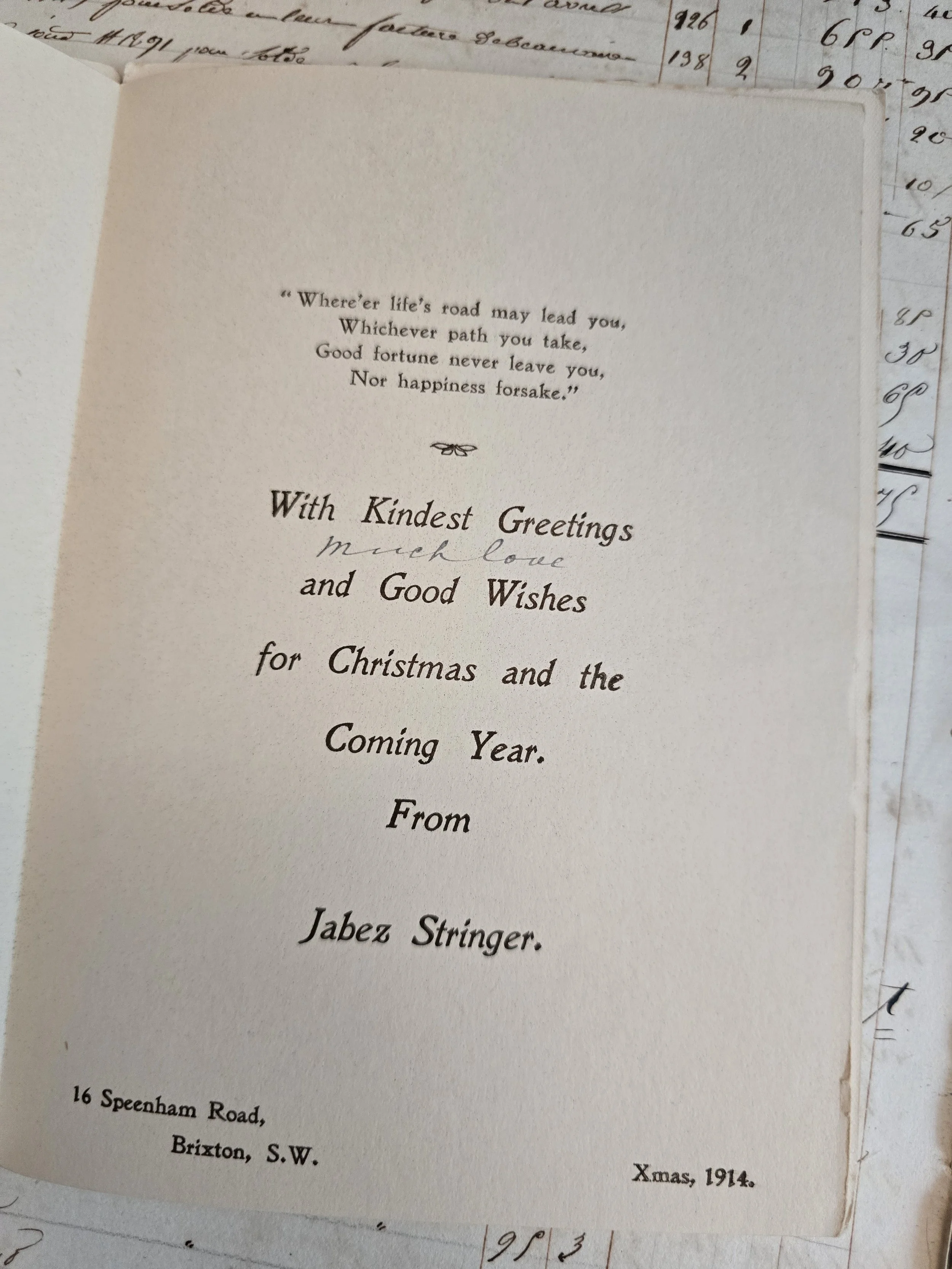 Printed Christmas greeting inside antique 1914 card, inscribed with much love and sent from Jabez Stringer of Brixton.