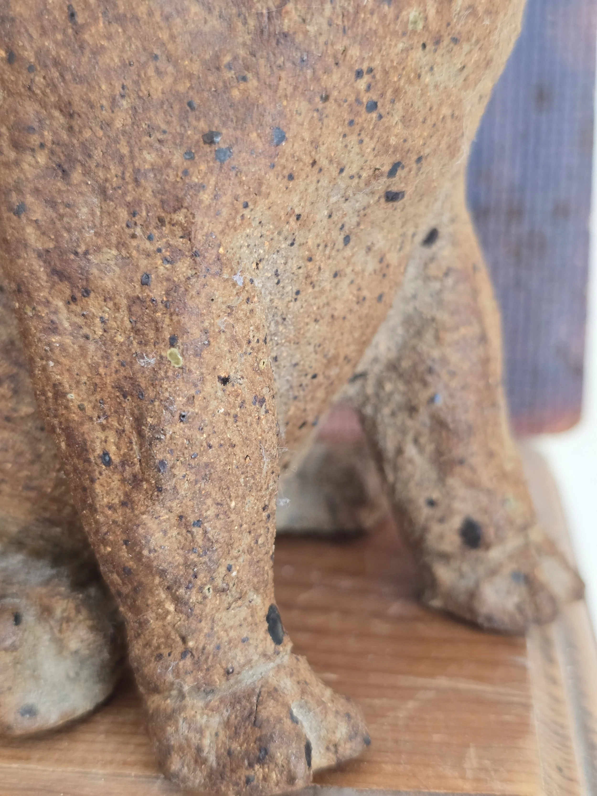 Close-up of speckled brown clay surface and hand-modelled front leg of vintage pottery pig.