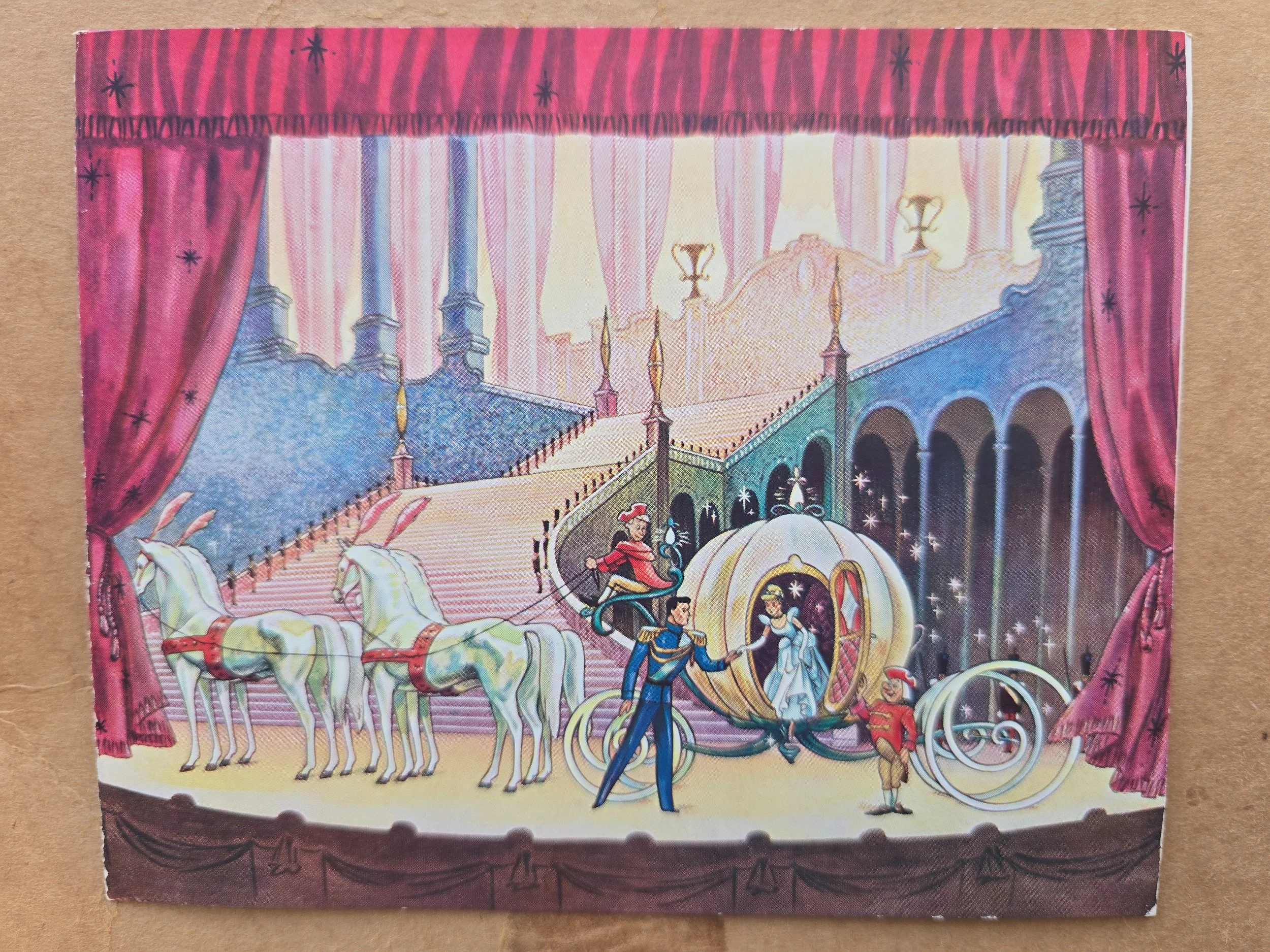 Vintage 1950s Christmas card showing Cinderella and her pumpkin coach