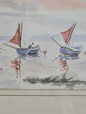 Lower section of Downderry Beach watercolour painting with two boats and soft shoreline detail