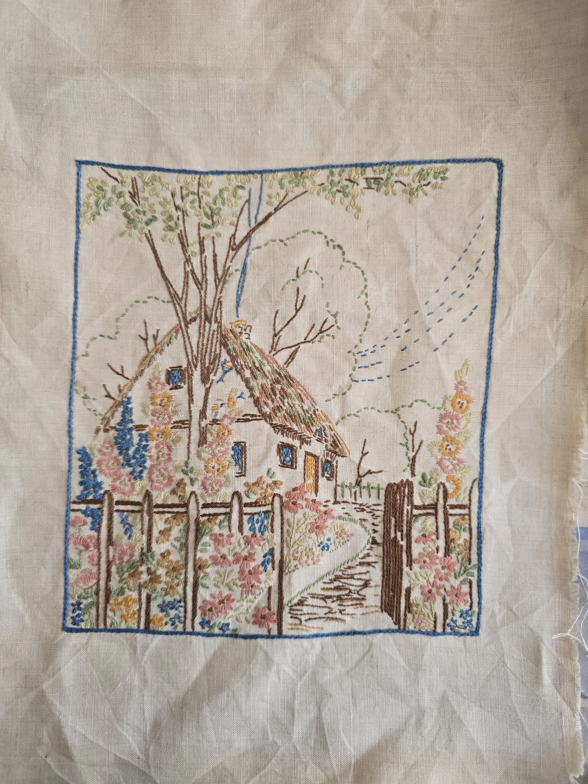 Vintage cottage garden embroidery panel
