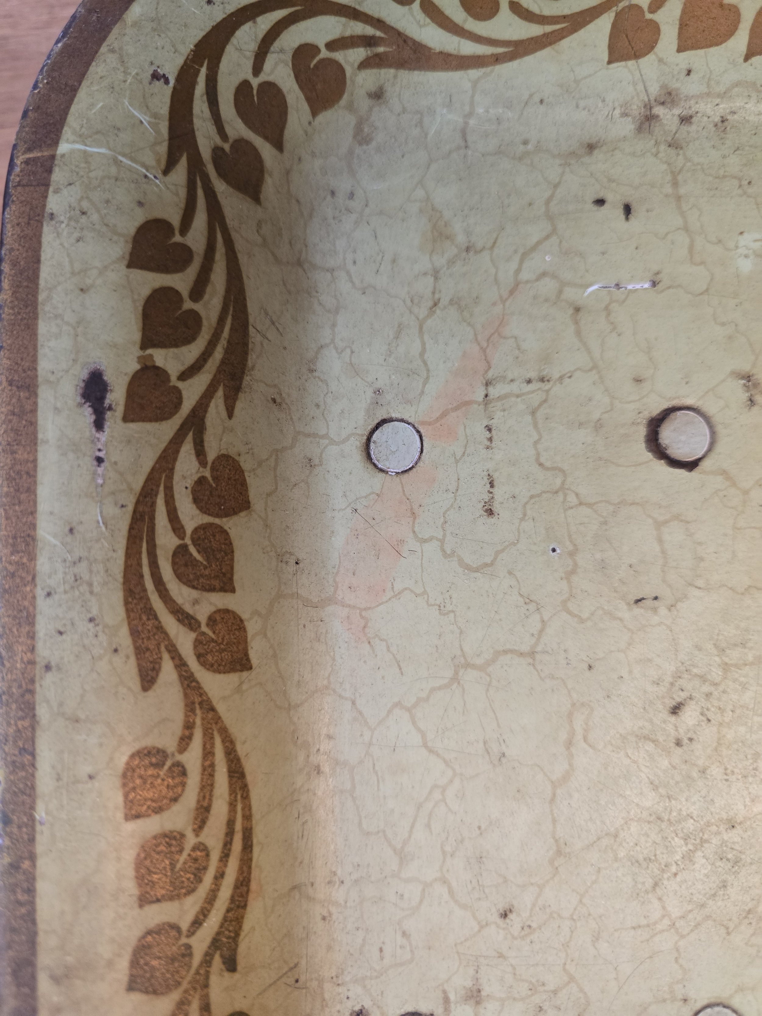 Heart border detail on vintage Worcester Ware tray with distressed painted surface and crackle glaze effect. (Copy)