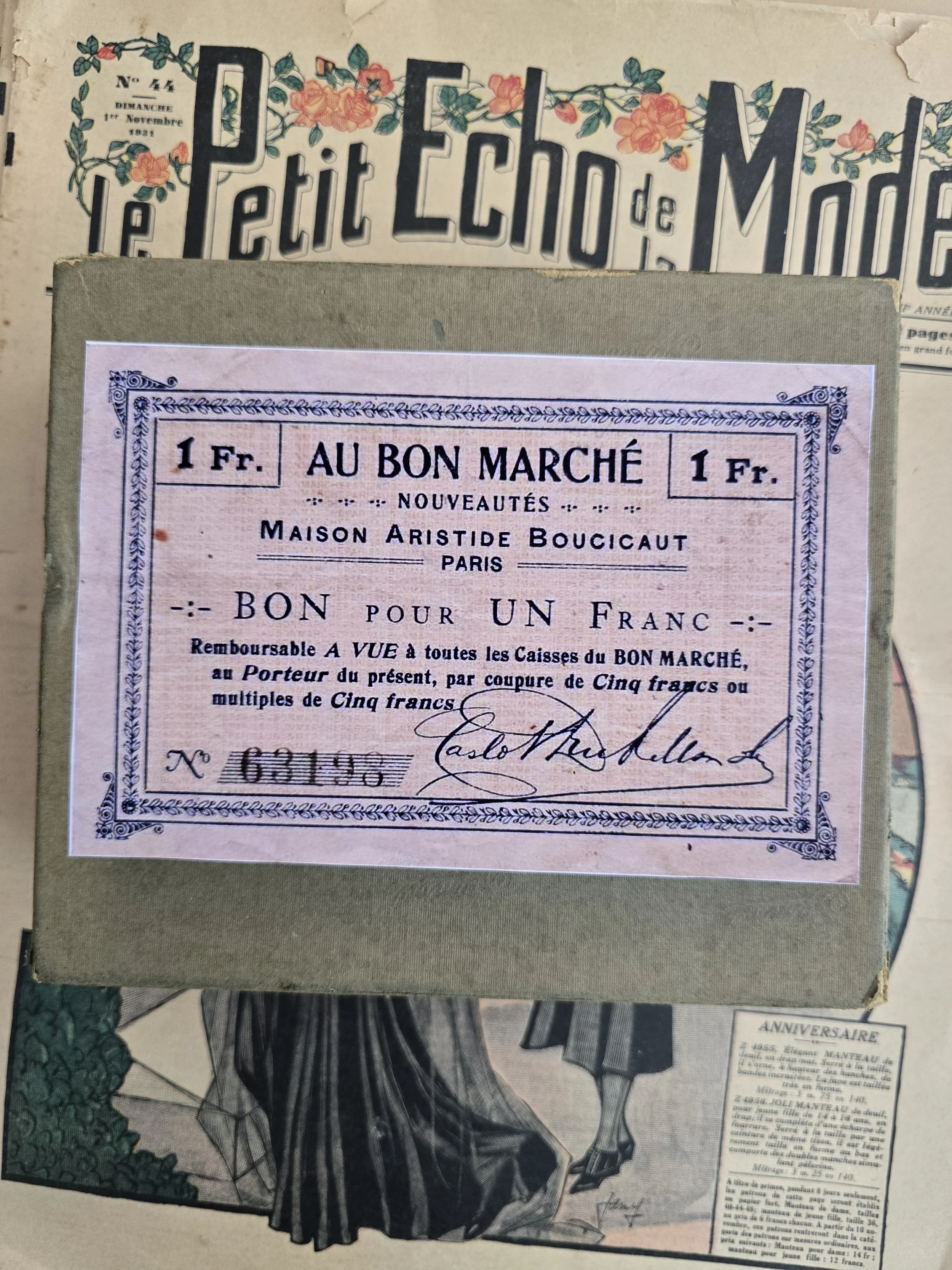Studio made keepsake box featuring an Au Bon Marché Paris voucher on the lid.