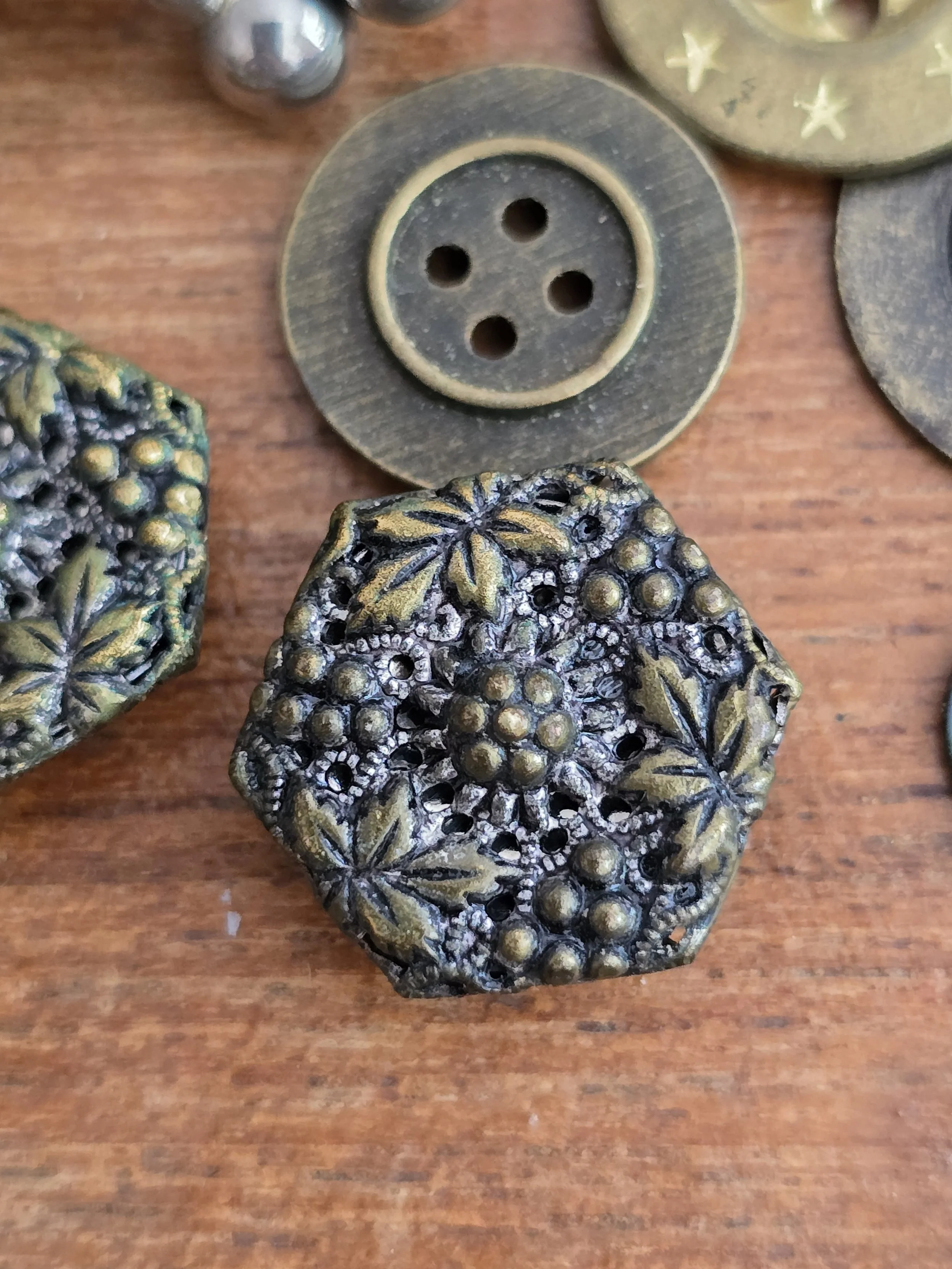 Close-up of two antique hexagonal buttons featuring leaves, flowers and berry clusters.