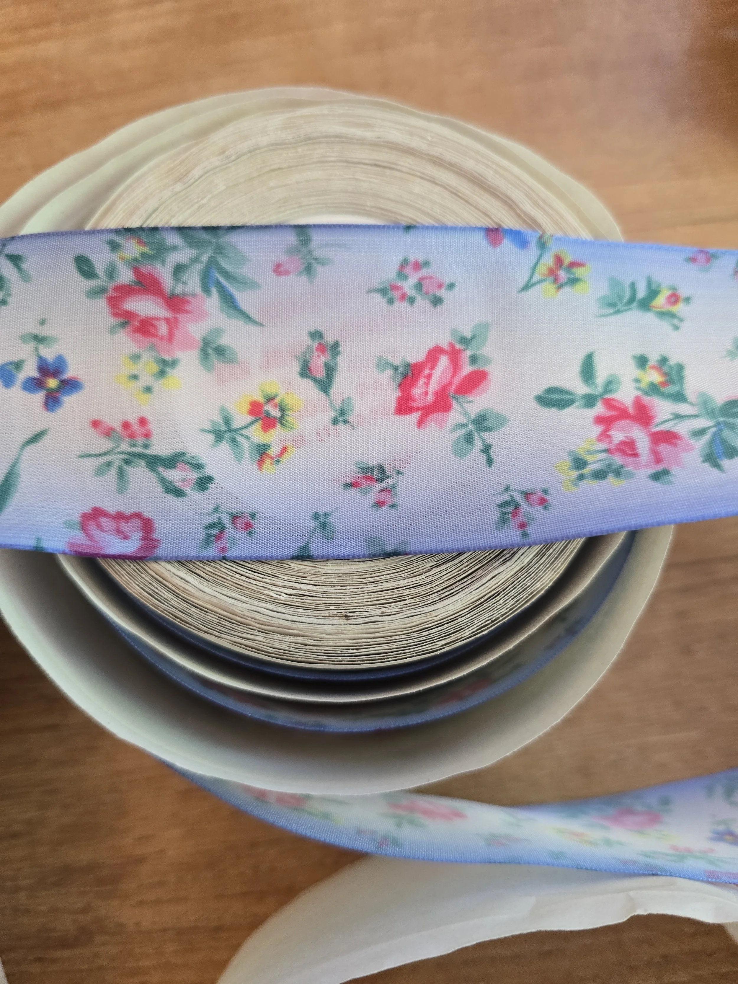 pale blue floral ribbon sold by metre