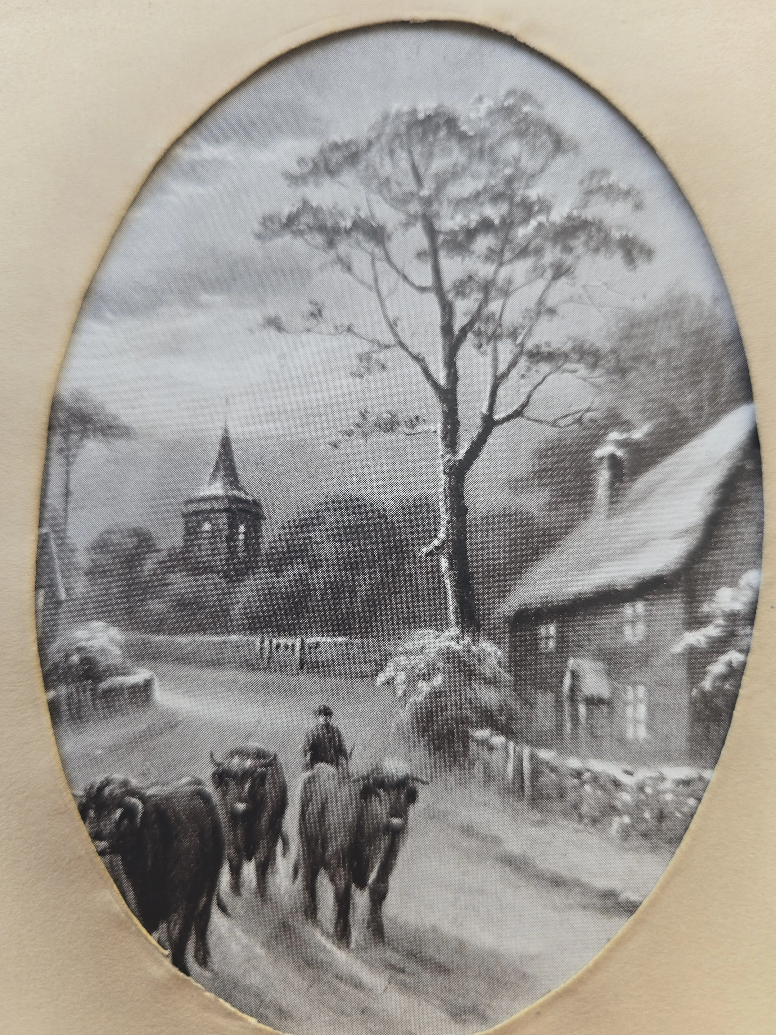 Edwardian Christmas card with oval winter landscape and original rust ribbon