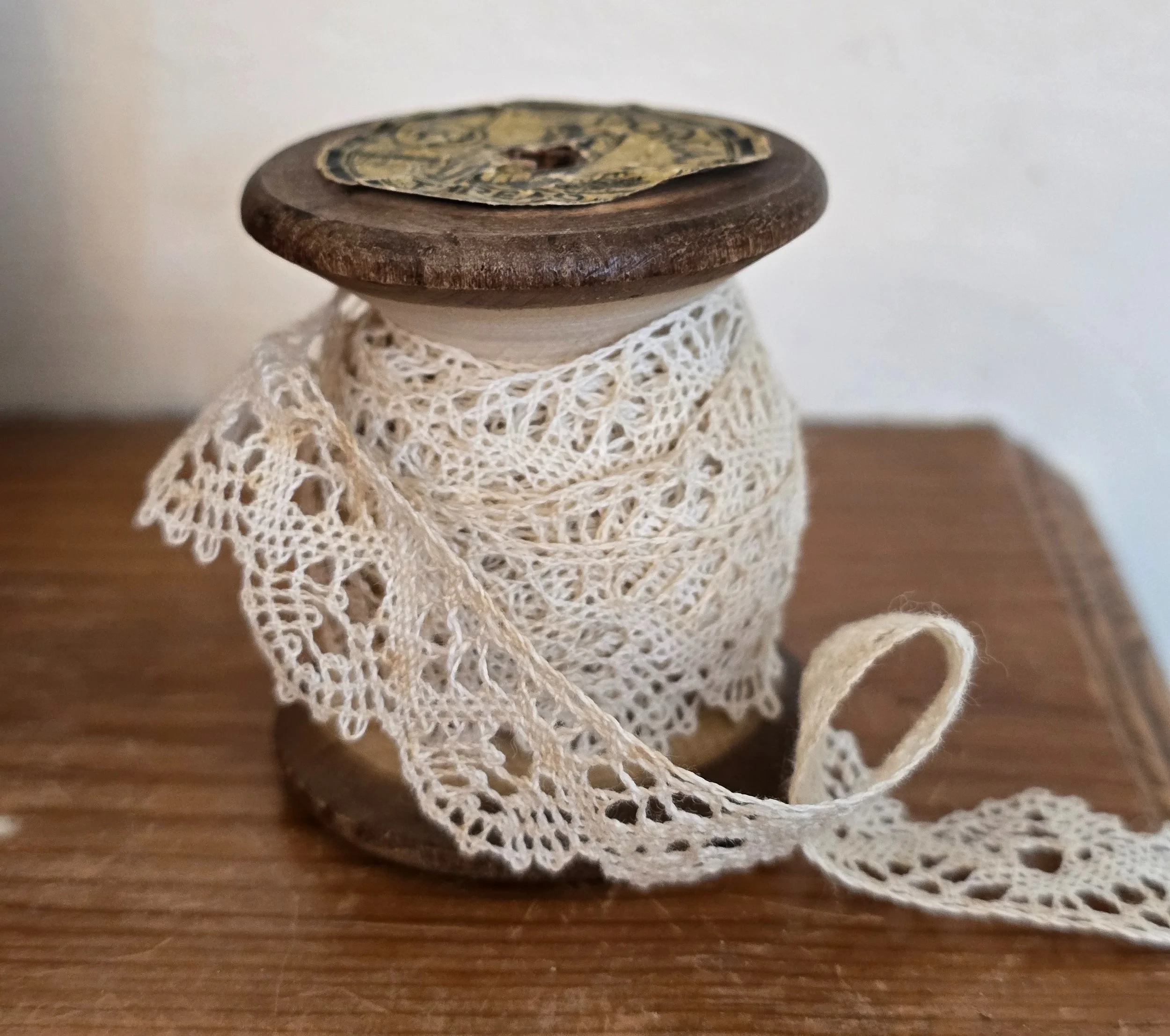 antique lace wooden spool- textile study