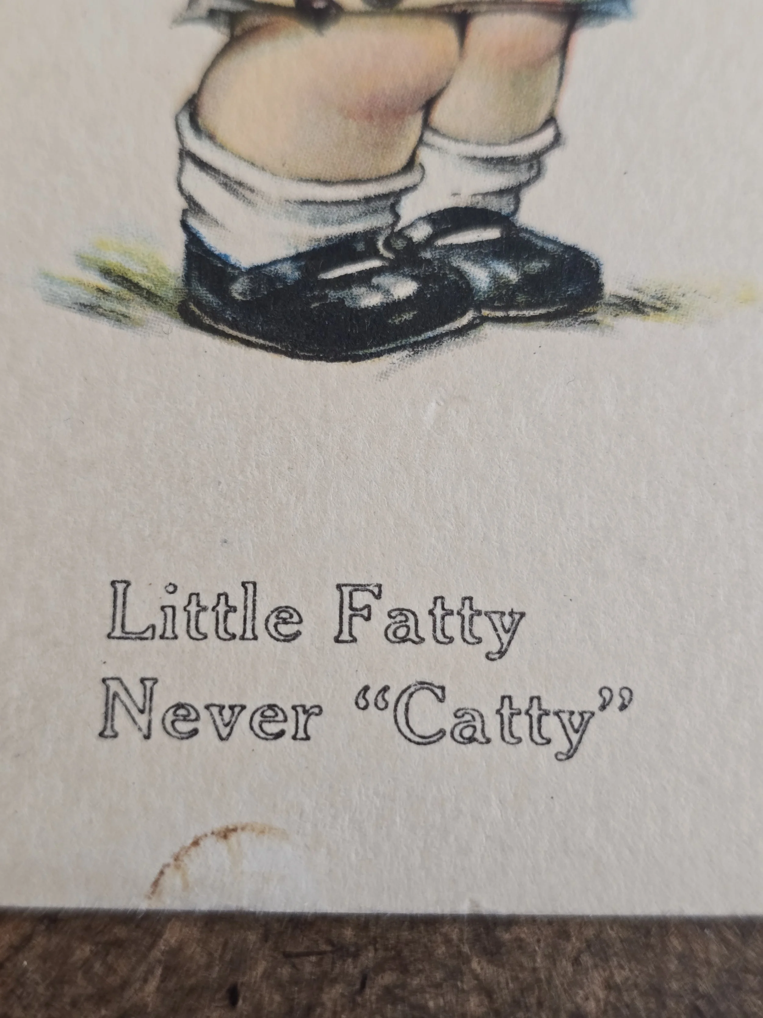 Little Fatty Never Catty caption on vintage comic postcard