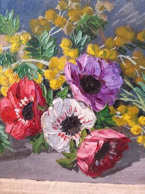 Full still life painting with mimosa and anemones on display against wall