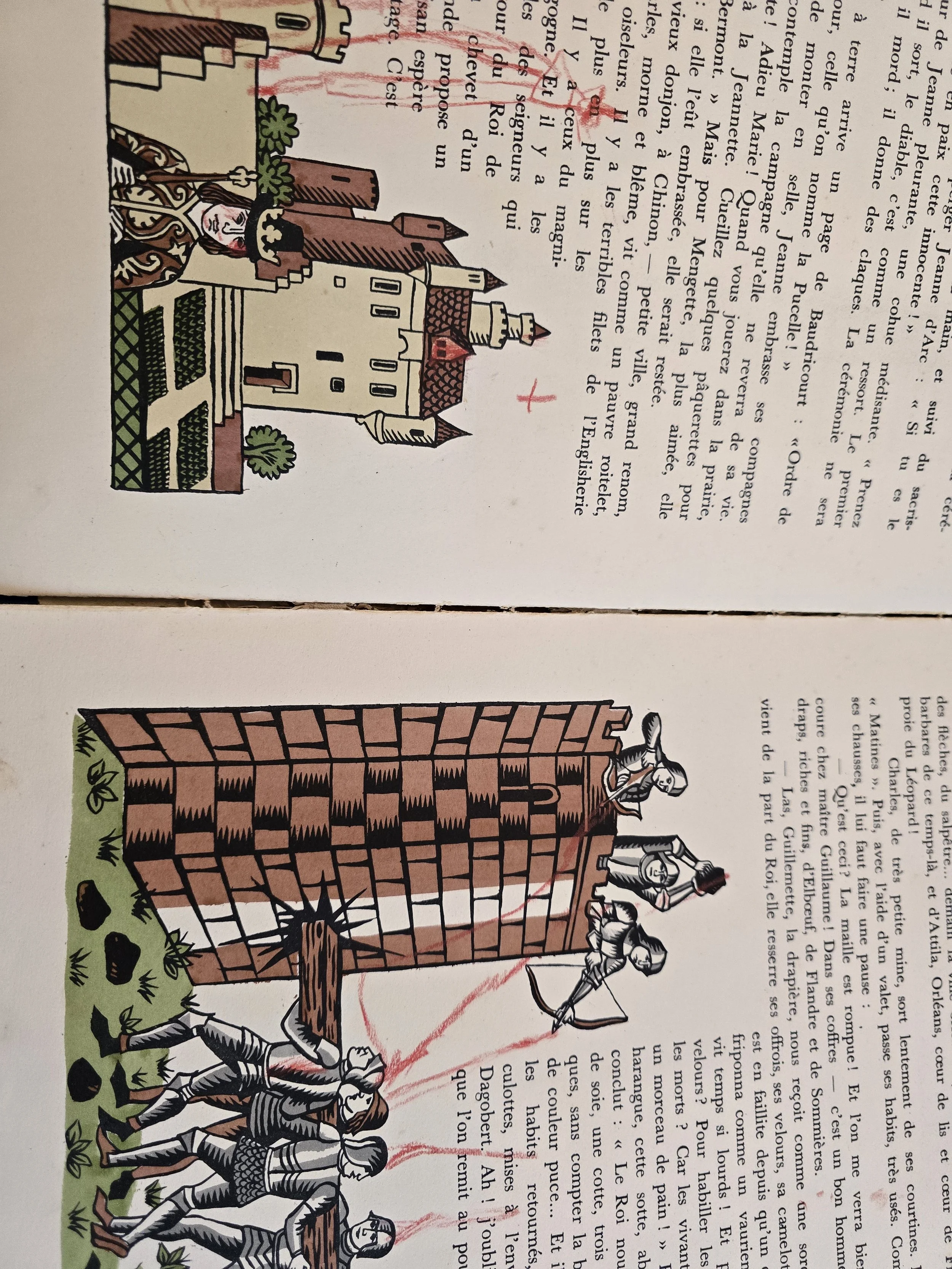 Artistic French historical book with vibrant illustrations and visible signs of age and use (Copy)