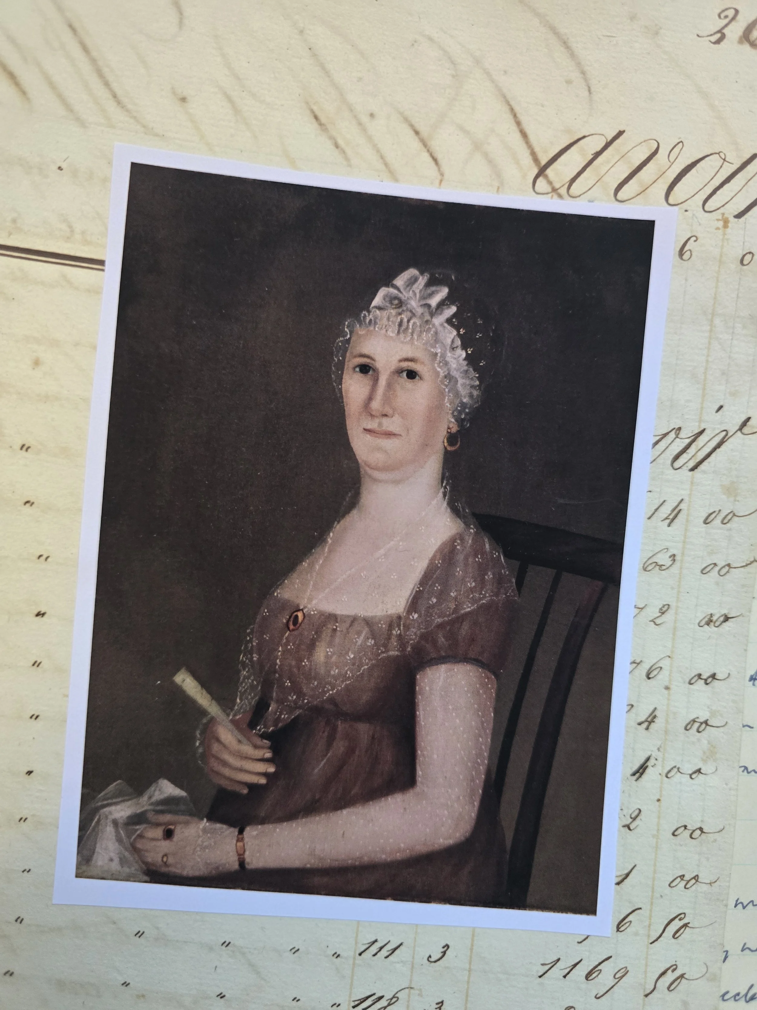 Close-up of a found historical portrait image printed on paper and mounted onto genuine handwritten 1829 ledger paper.