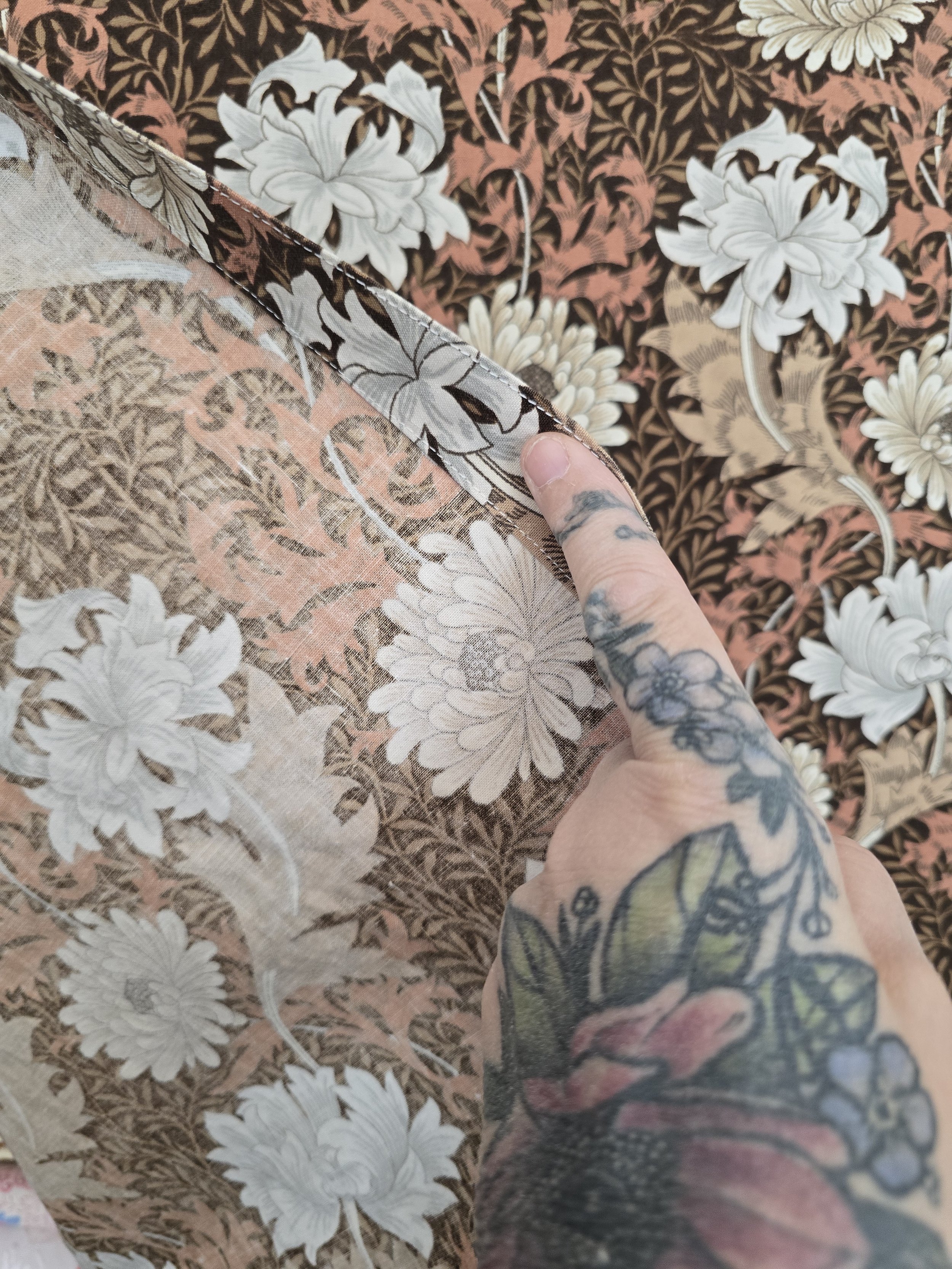 Reverse side and fabric weight of William Morris Chrysanthemum Minor textile.