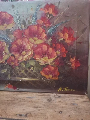 Close-up of textured brushstrokes on vintage roses oil painting