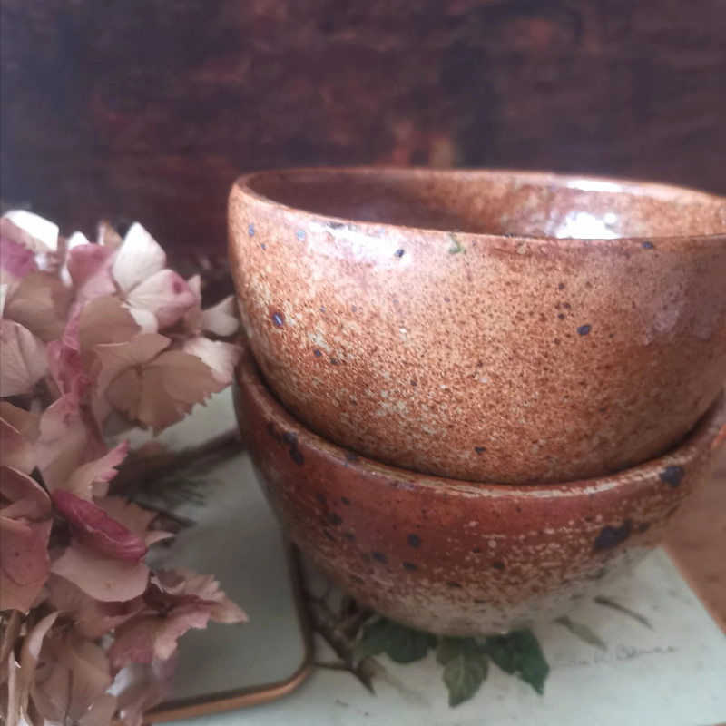 Pair of vintage French earthenware bowls with warm rust and ochre glaze, styled beside dried hydrangeas.