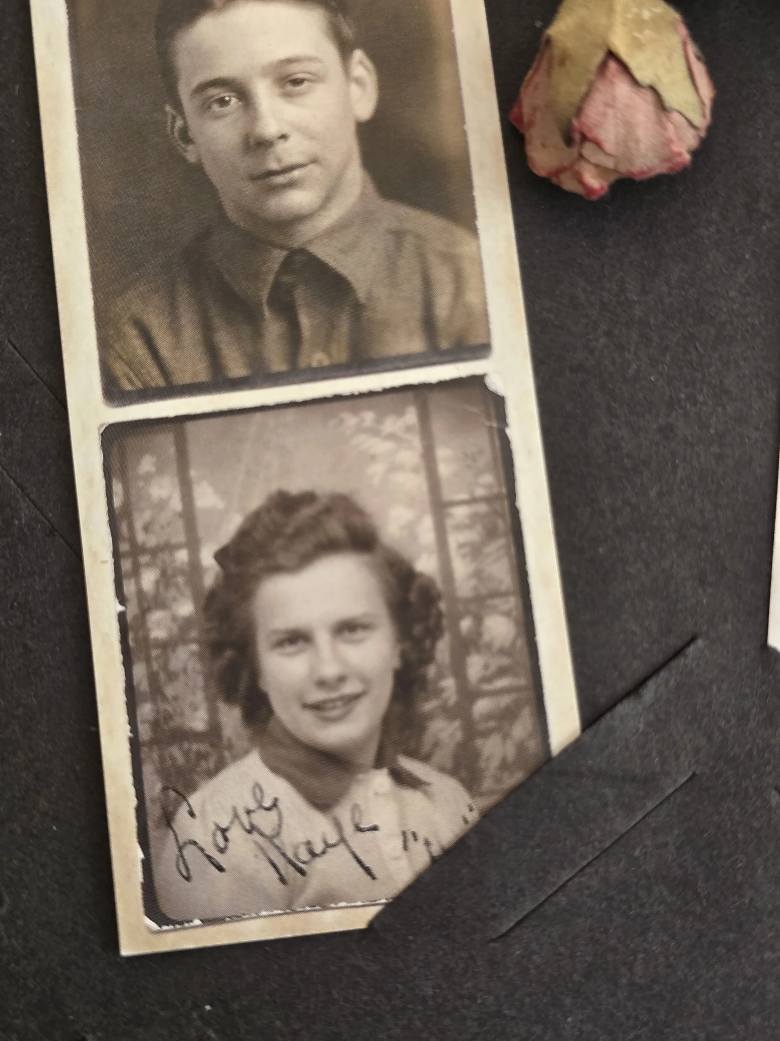 Close-up of original mid-century photo booth portraits on aged photographic paper.