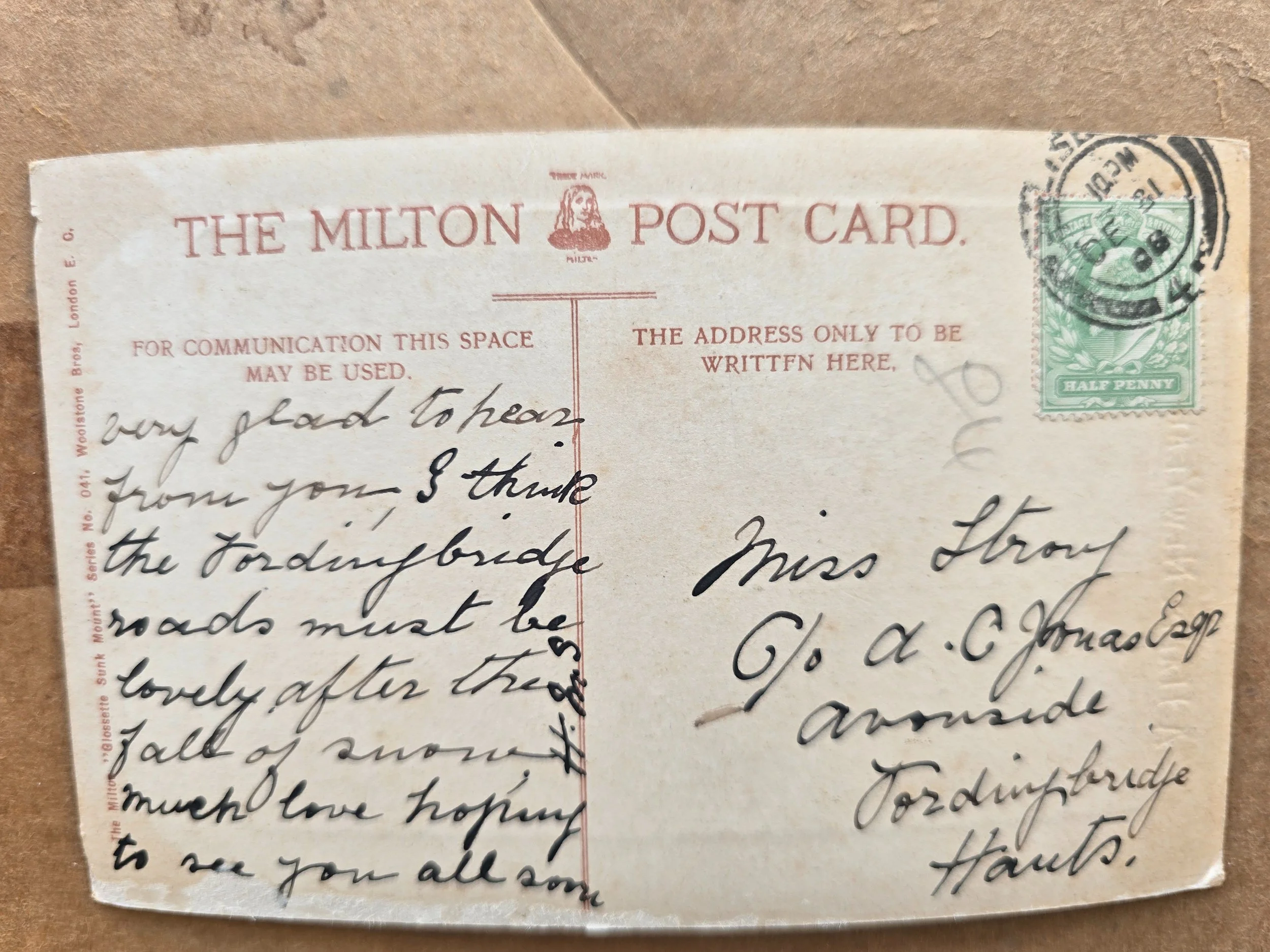 Reverse of antique Milton postcard with handwritten message and Edward VII halfpenny stamp