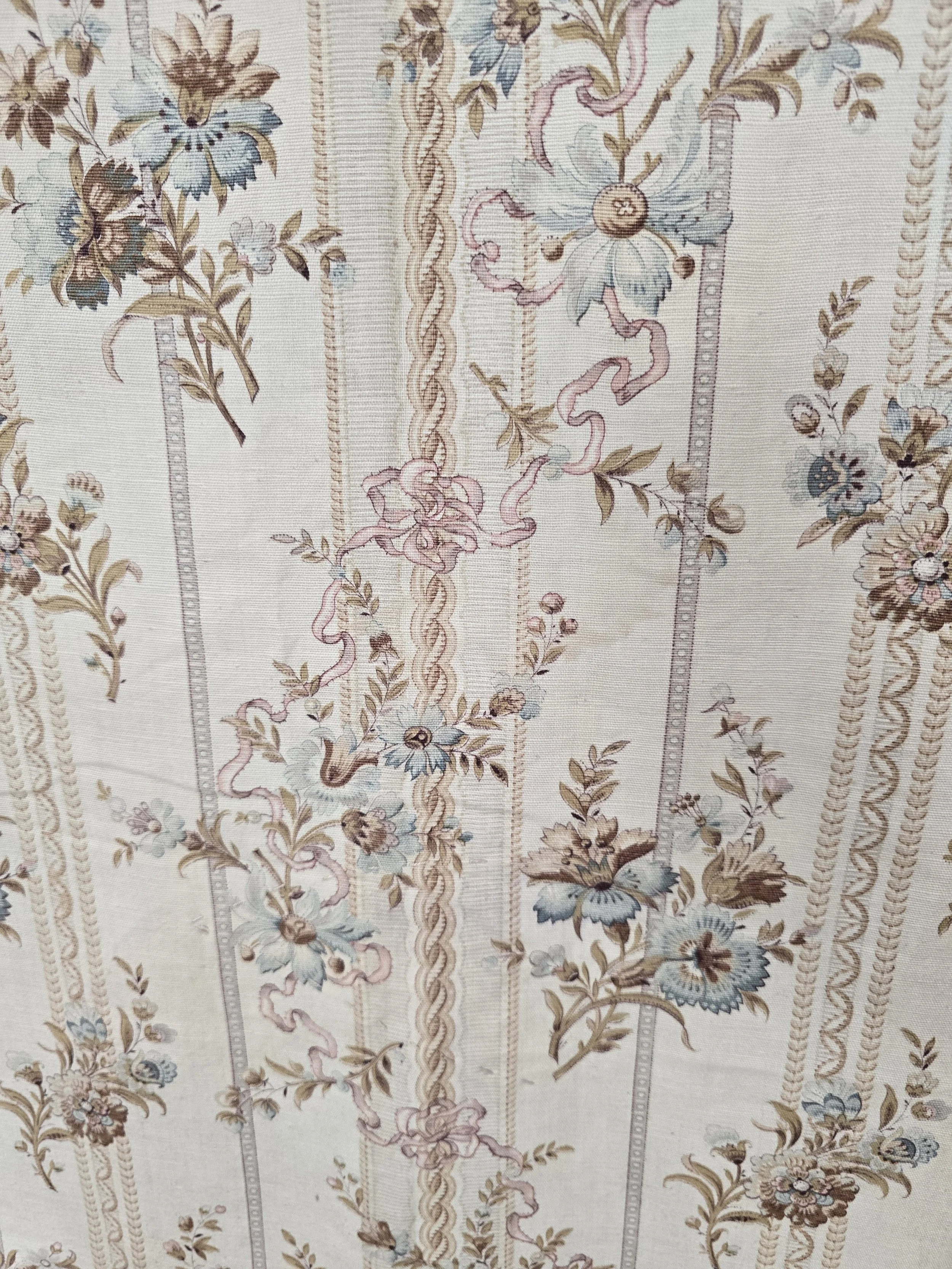 Faded French floral textile with vertical braided stripes and scattered flowers