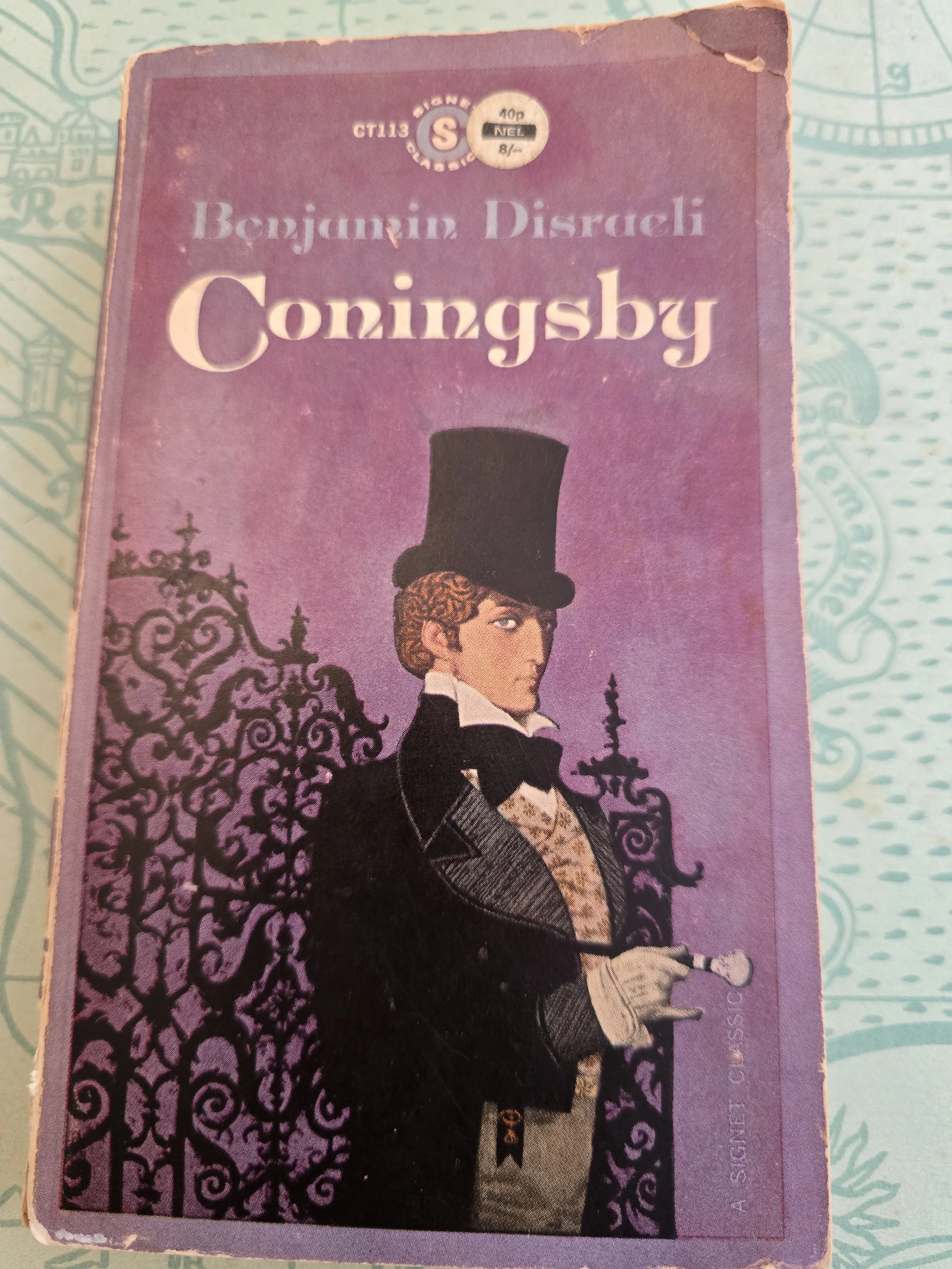Vintage 1962 paperback edition of Coningsby by Benjamin Disraeli with dramatic purple gothic-style cover artwork (Copy)