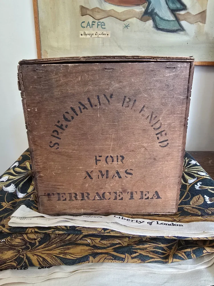 Interior view of vintage wooden crate with original lining traces