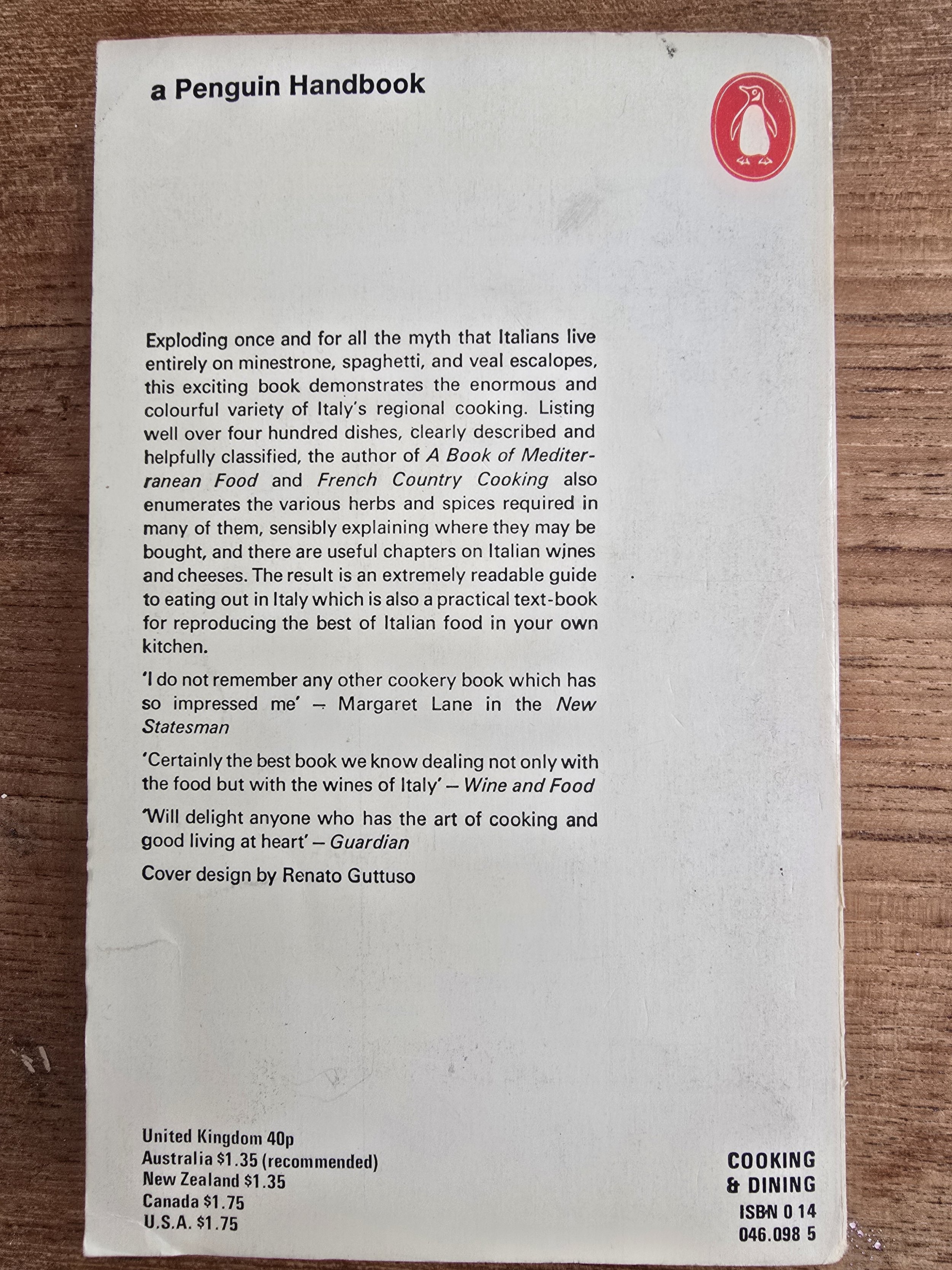 Back cover with reviews and summary of Italian Food by Elizabeth David