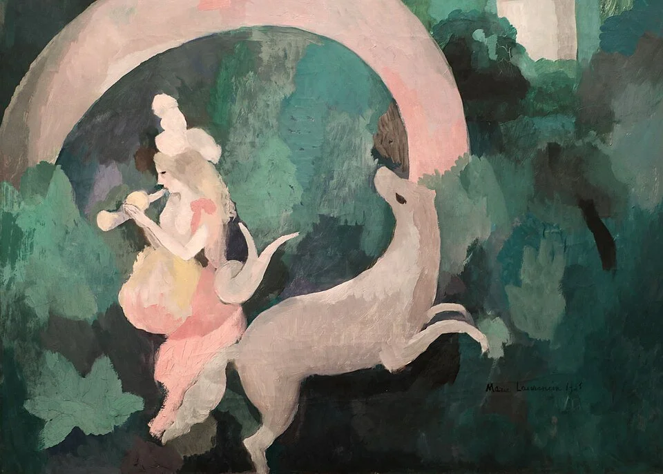 Dreamlike Marie Laurencin painting of a woman and deer in soft pink and green tones beneath an arch.