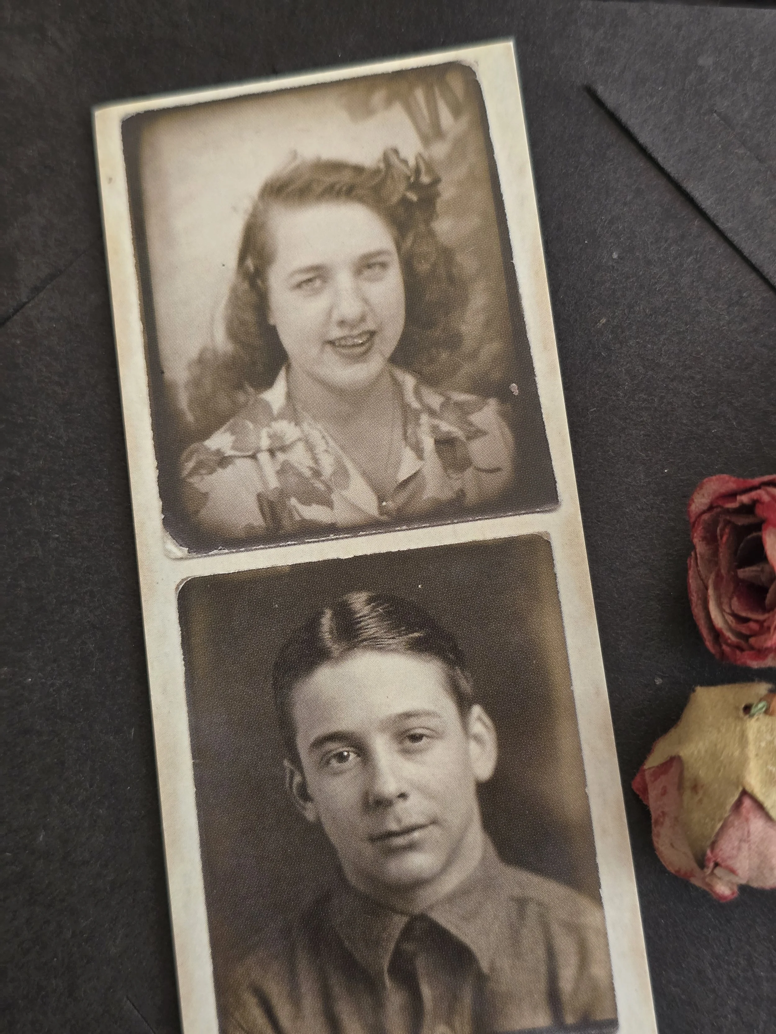 Vintage photographic strip showing portraits of a young woman and young man.