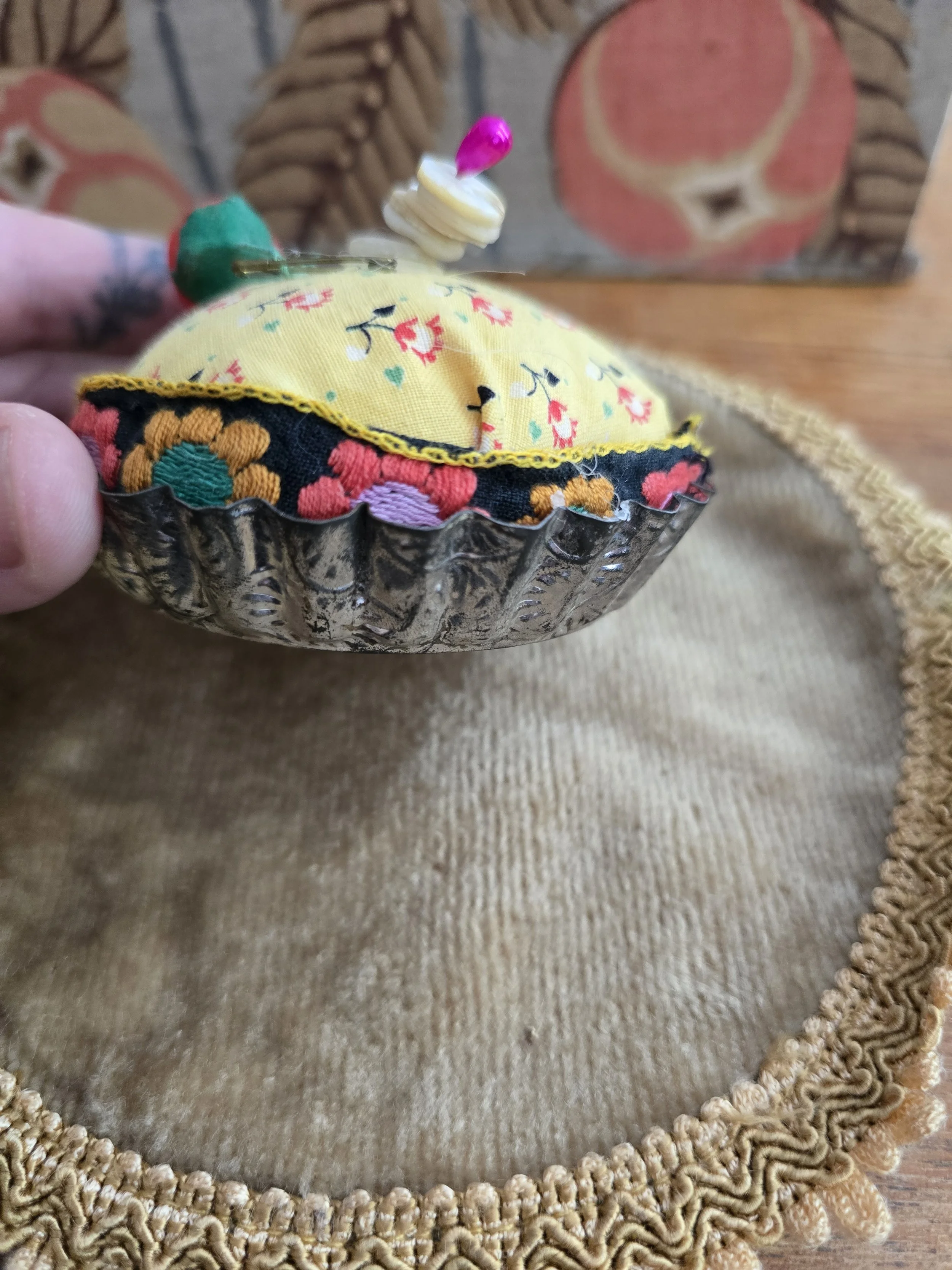 One of a kind Studio Made French inspired pincushion presented with its original vintage velvet display dish.