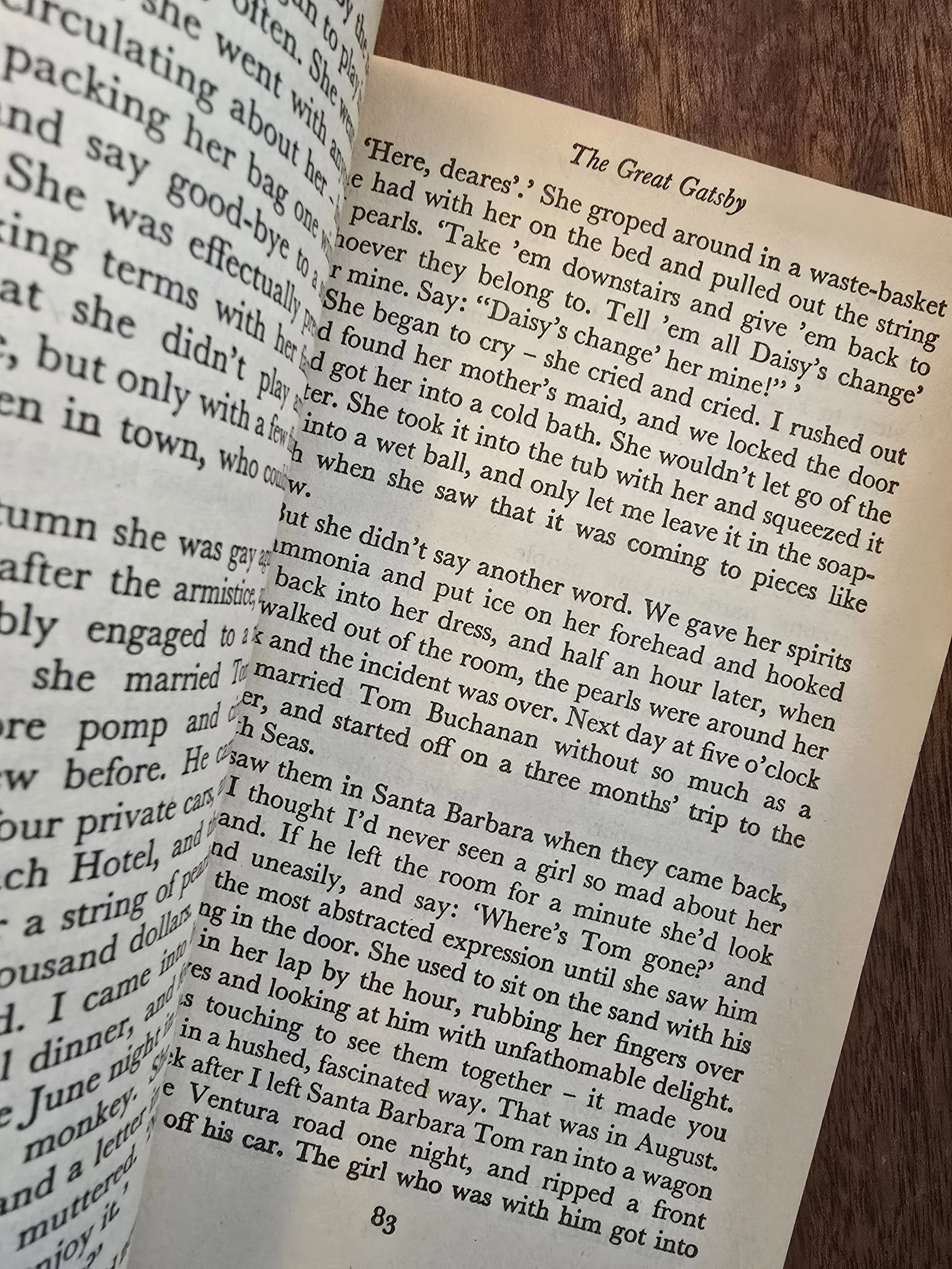 Inner page of The Great Gatsby Penguin paperback showing text layout.