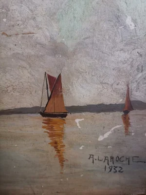 Close-up of red-brown sail on 1932 French nautical painting with reflection in water.