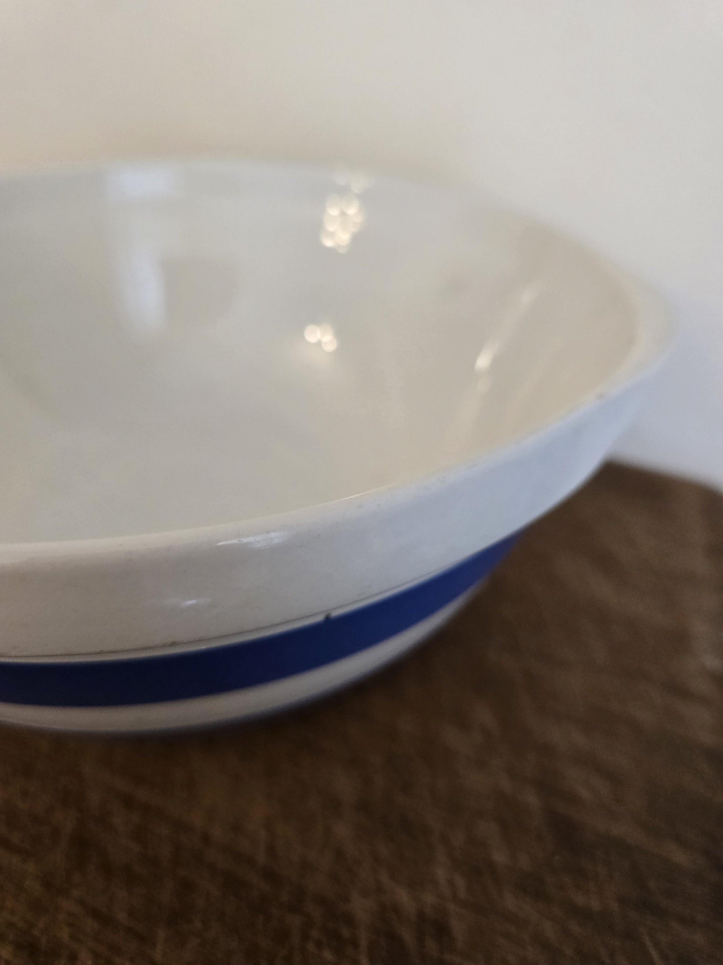 Large white and blue striped vintage British mixing bowl