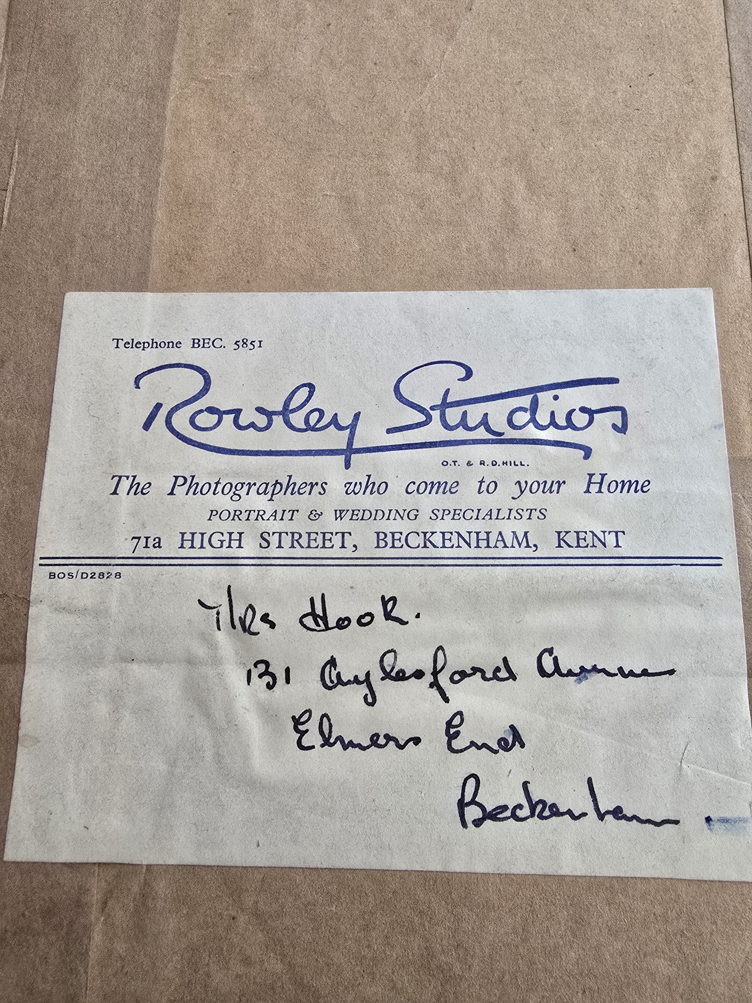 Label from Rowley Studios, Beckenham with handwritten address