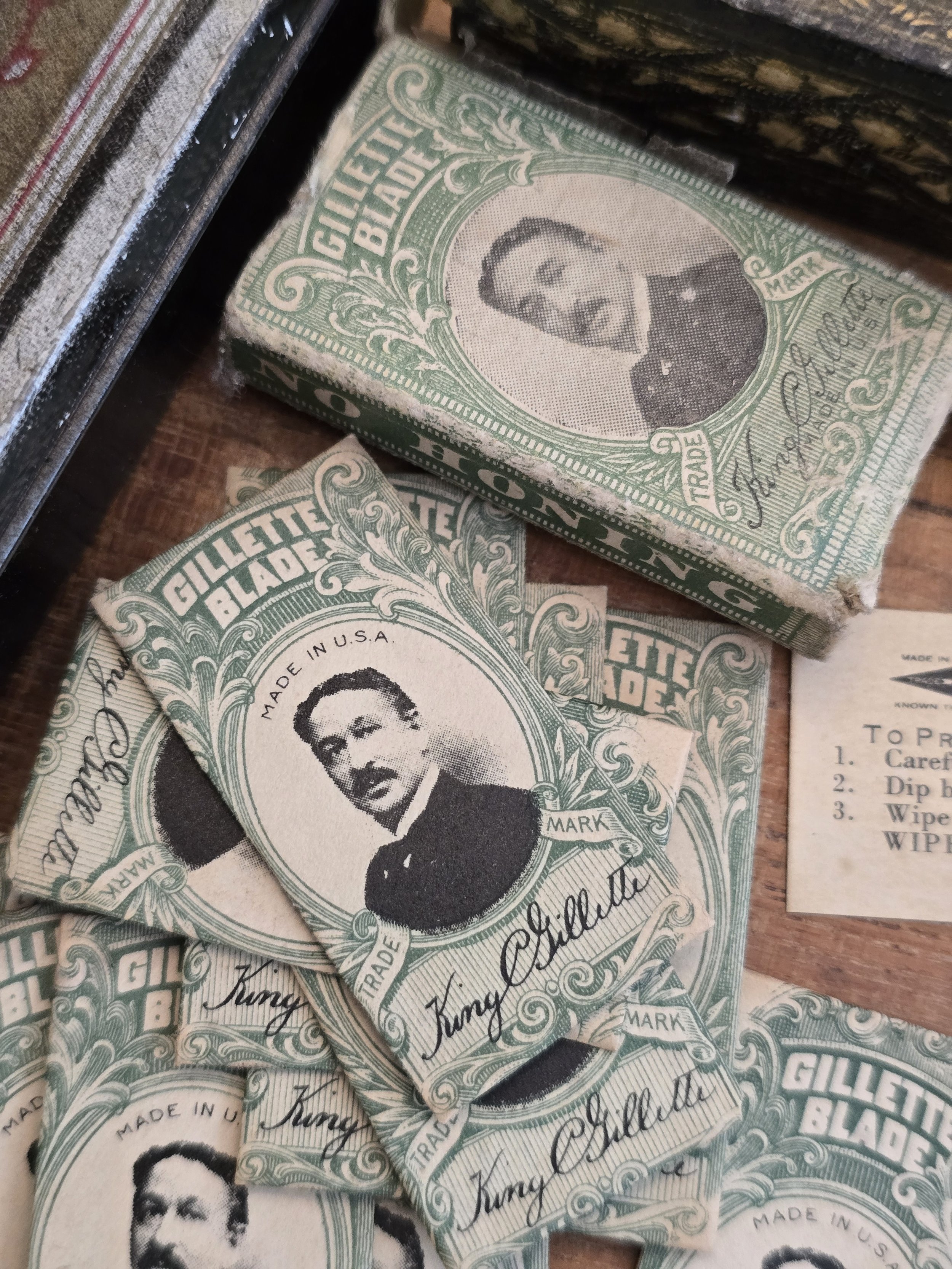 Close view of original King C. Gillette blade wrappers.