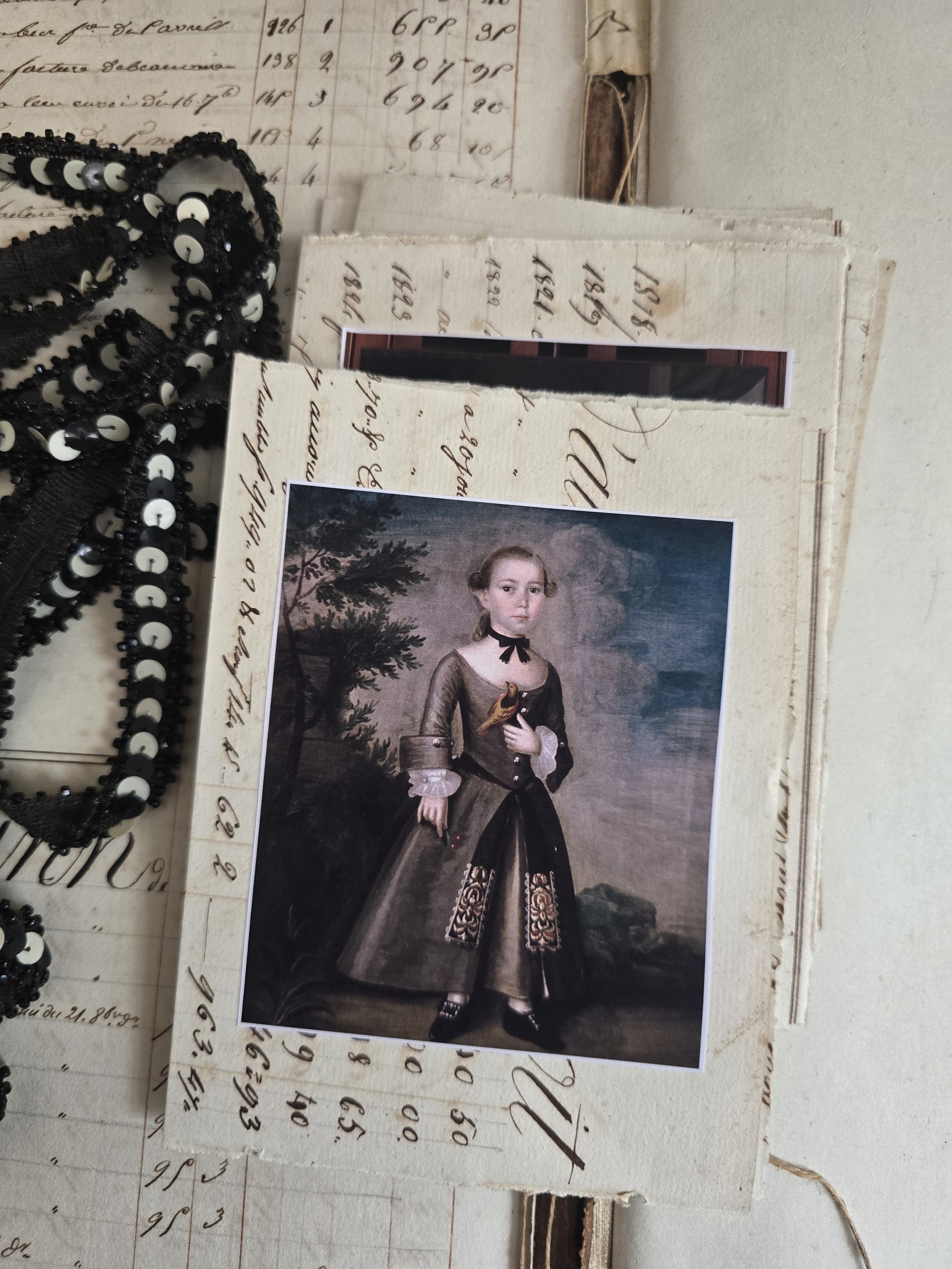 Set of four handmade portrait cards created with original 1829 French handwritten ledger paper and vintage-style folk art prints.