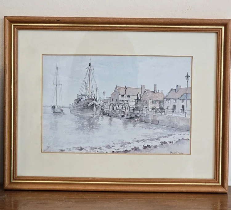Full view of framed Muriel Owen harbour print with gold wooden frame.