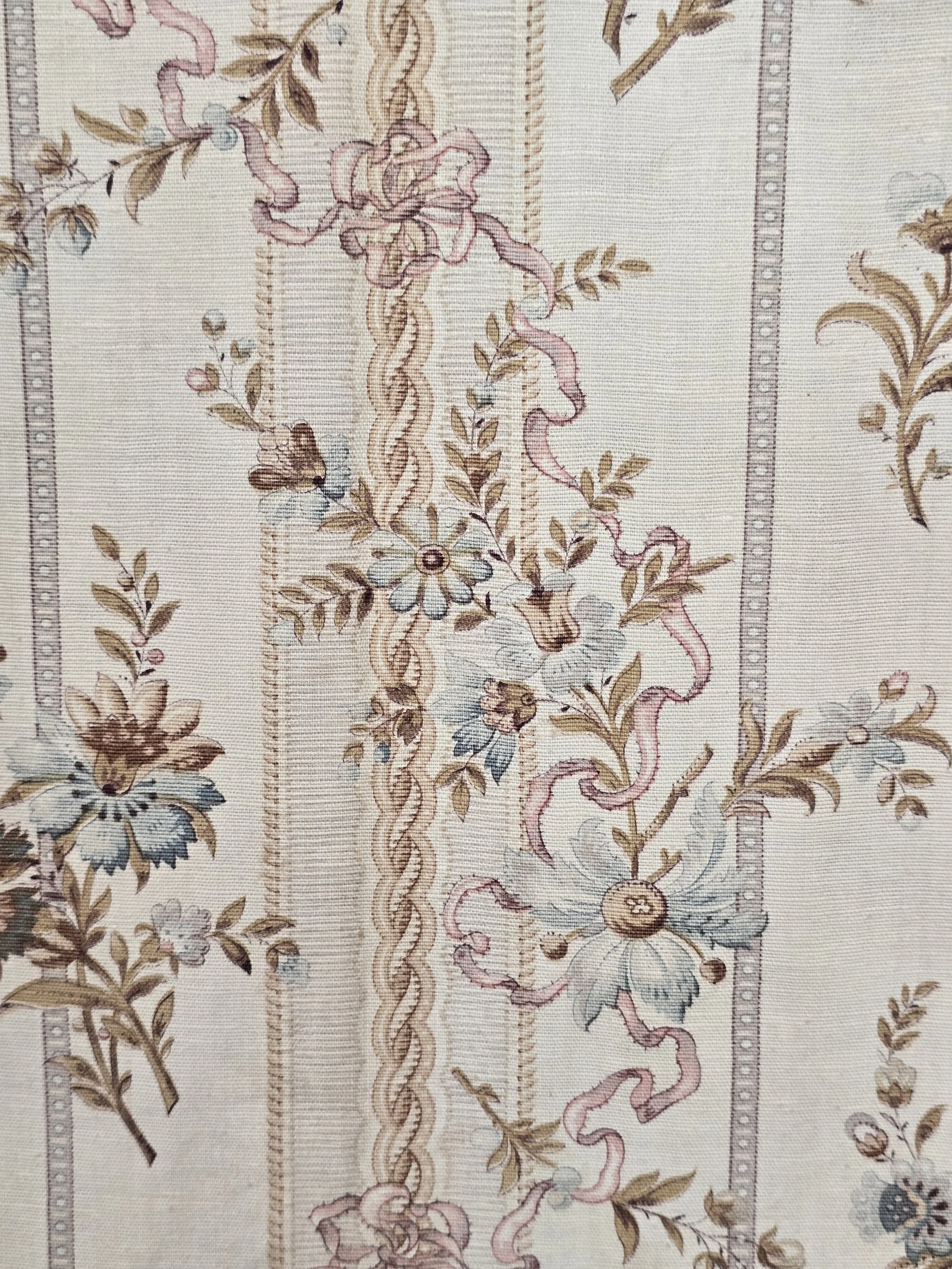 Detail of powder blue flowers and trailing pink ribbons on antique French fabric