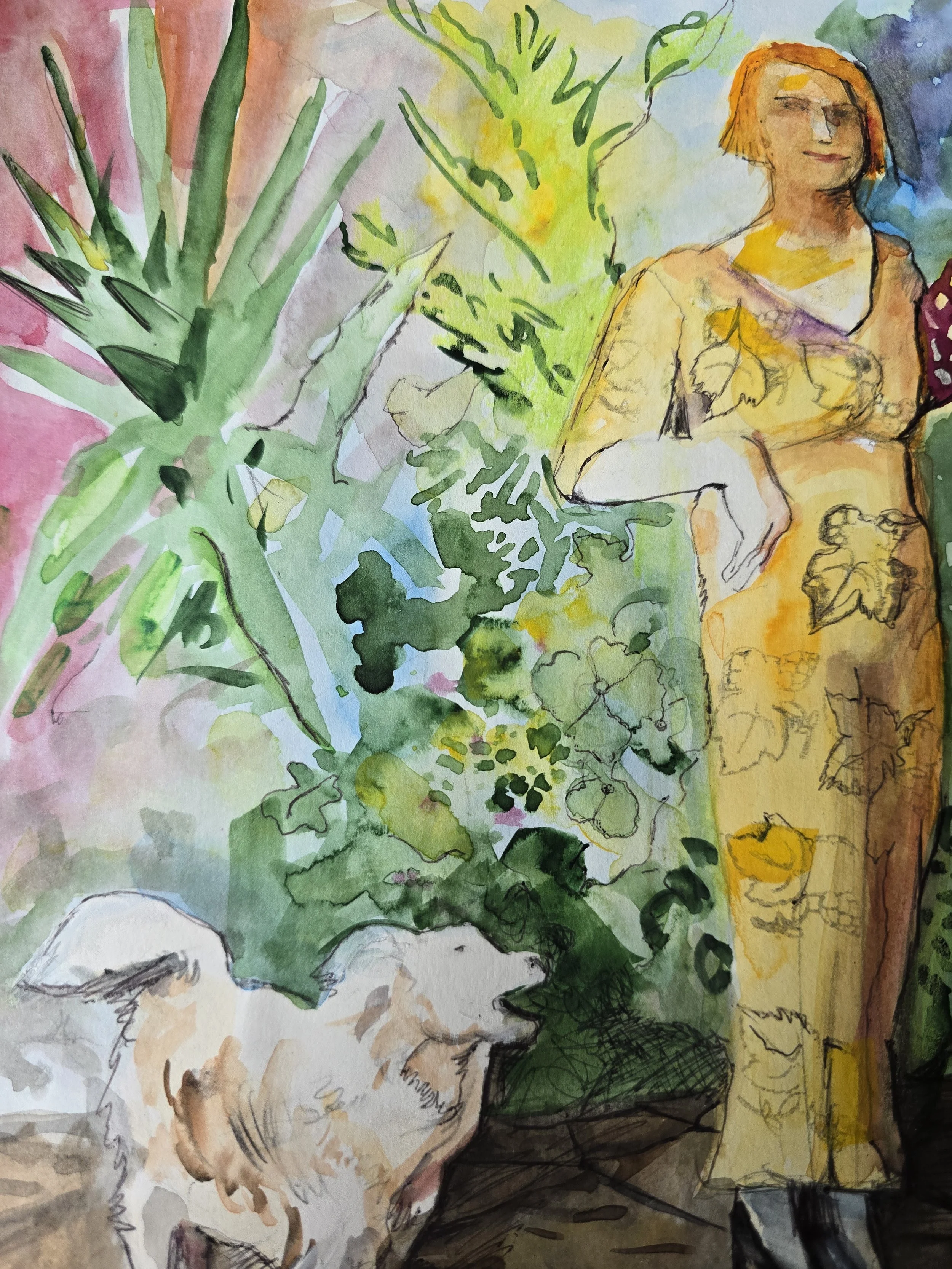 Botanical foliage and figure detail from an original acrylic and oil pastel artwork.