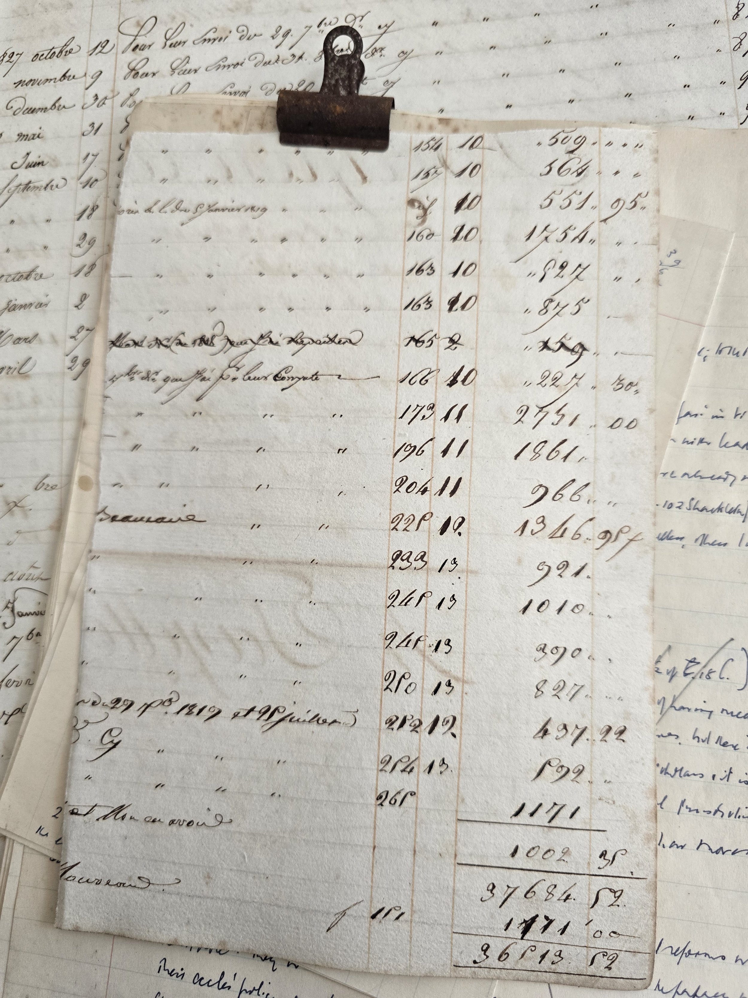 One-off paper collage combining an early nineteenth-century French ledger sheet with a traditional livestock illustration of a Cheviot sheep.