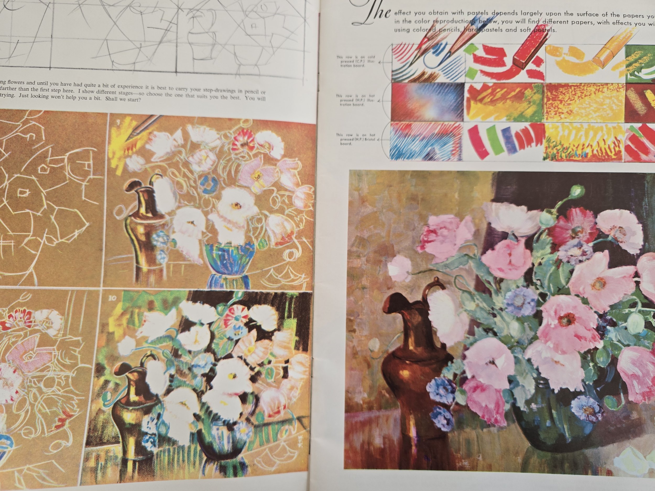Floral still life painting lesson from a vintage art instruction publication.