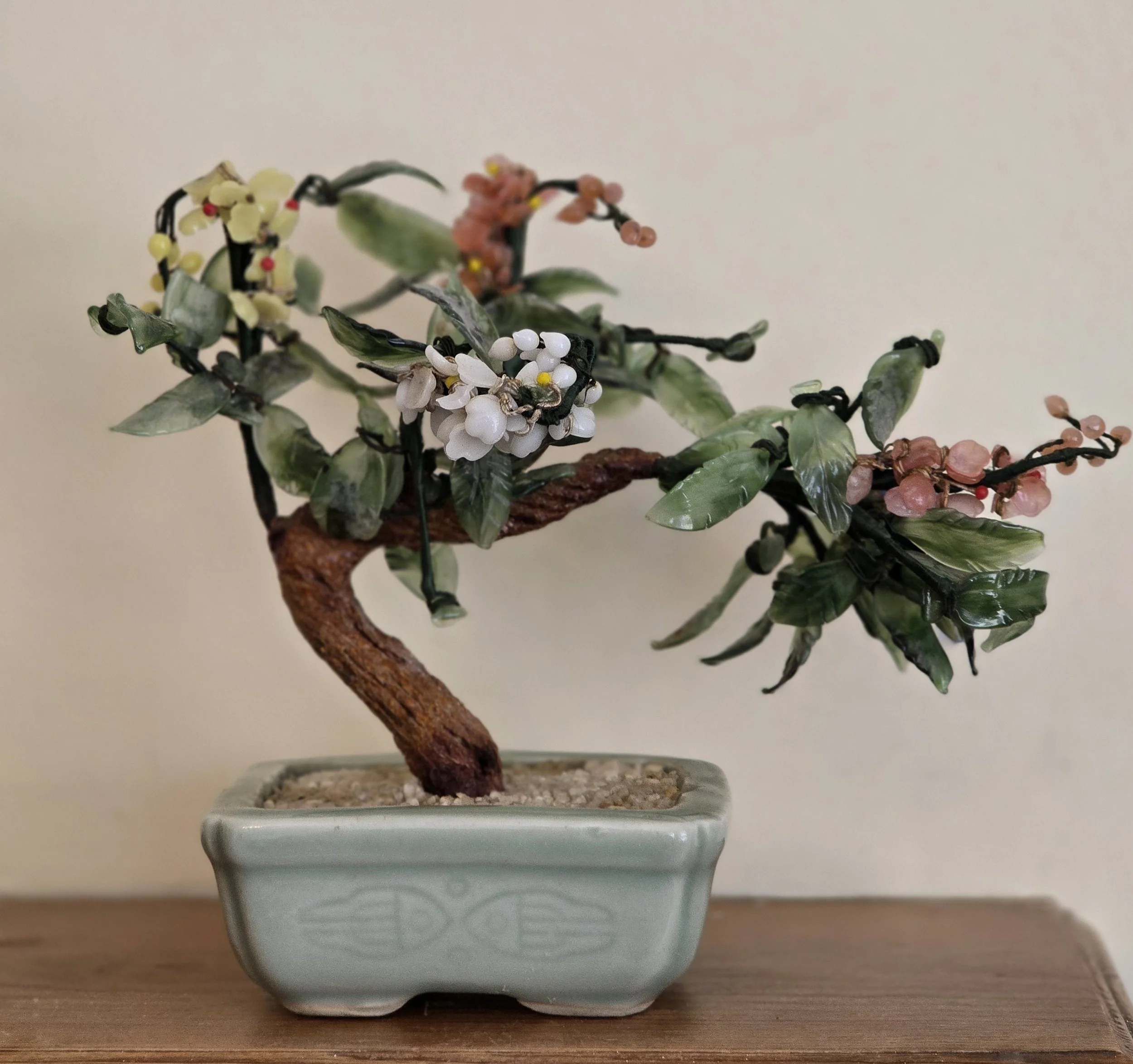 Vintage Leonardo Collection bonsai tree with jade-style glass leaves in celadon planter