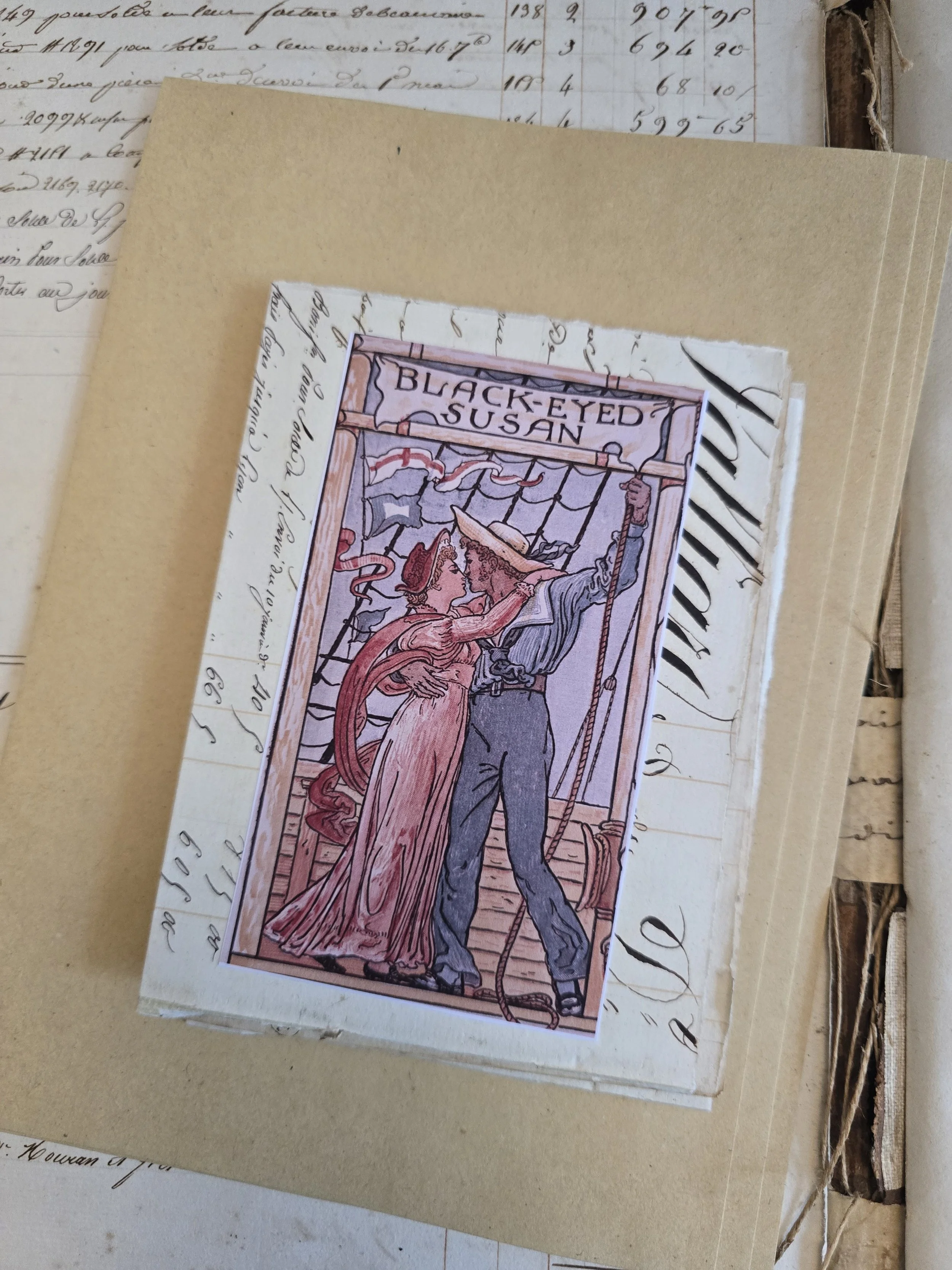 Set of handmade illustrated cards created from original 1829 French ledger paper, shown with kraft envelopes.