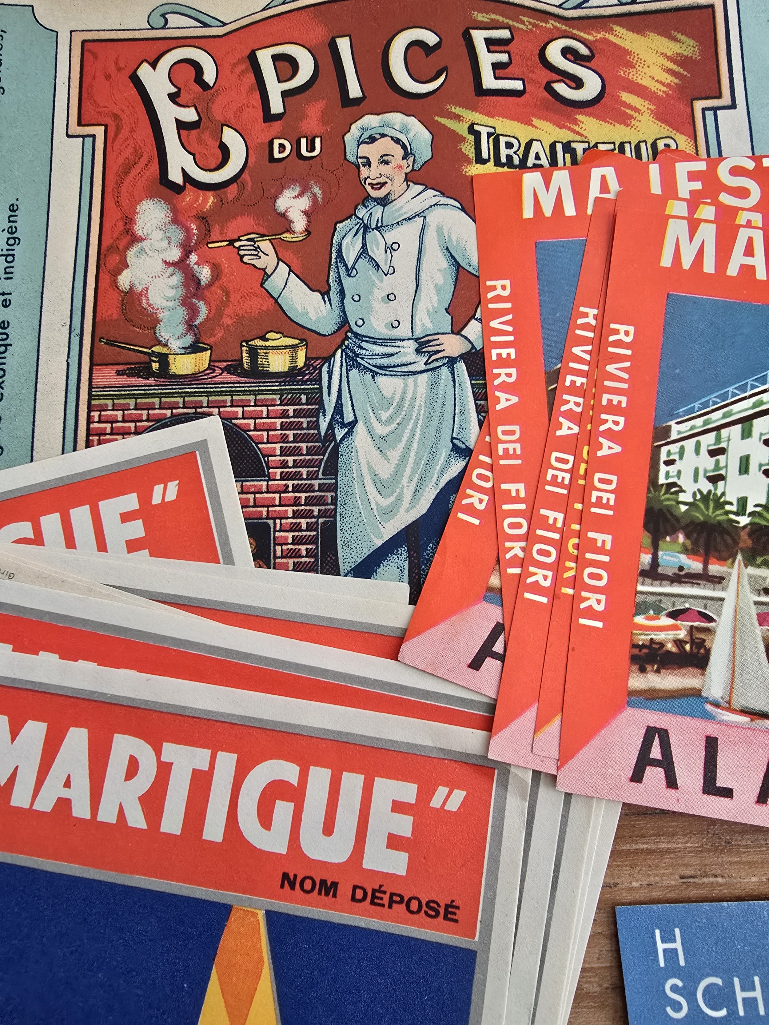 Retro hotel sticker with mountain and waterfront scenery, part of larger set
