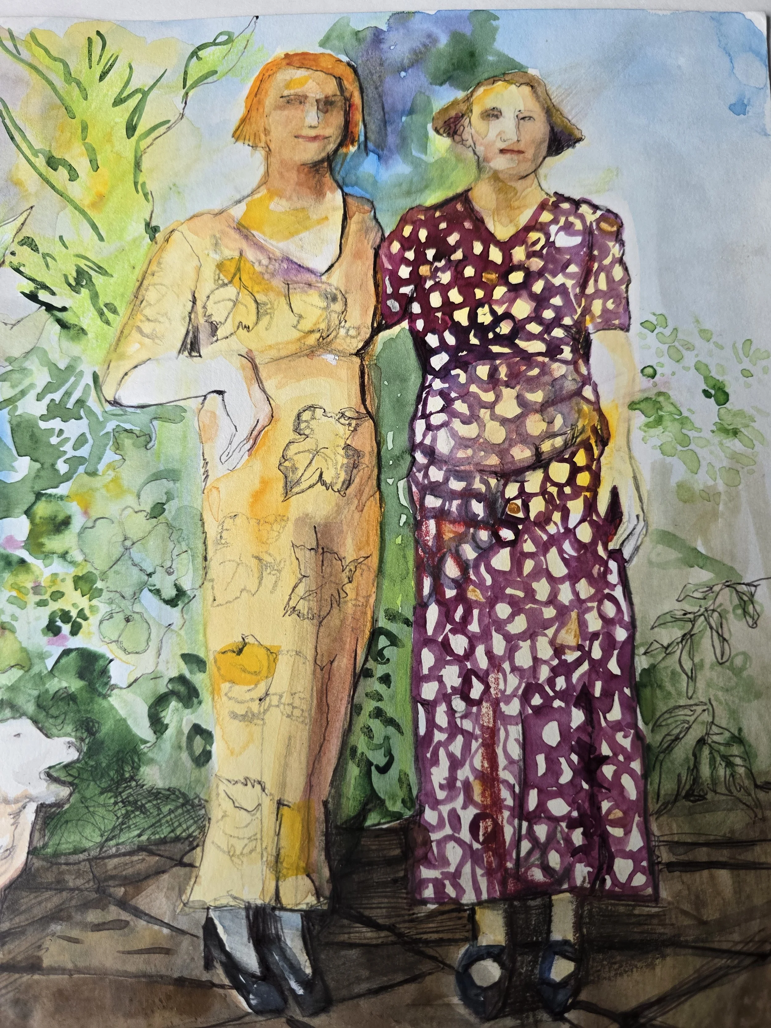 Detail of two female figures wearing patterned dresses surrounded by lush greenery.