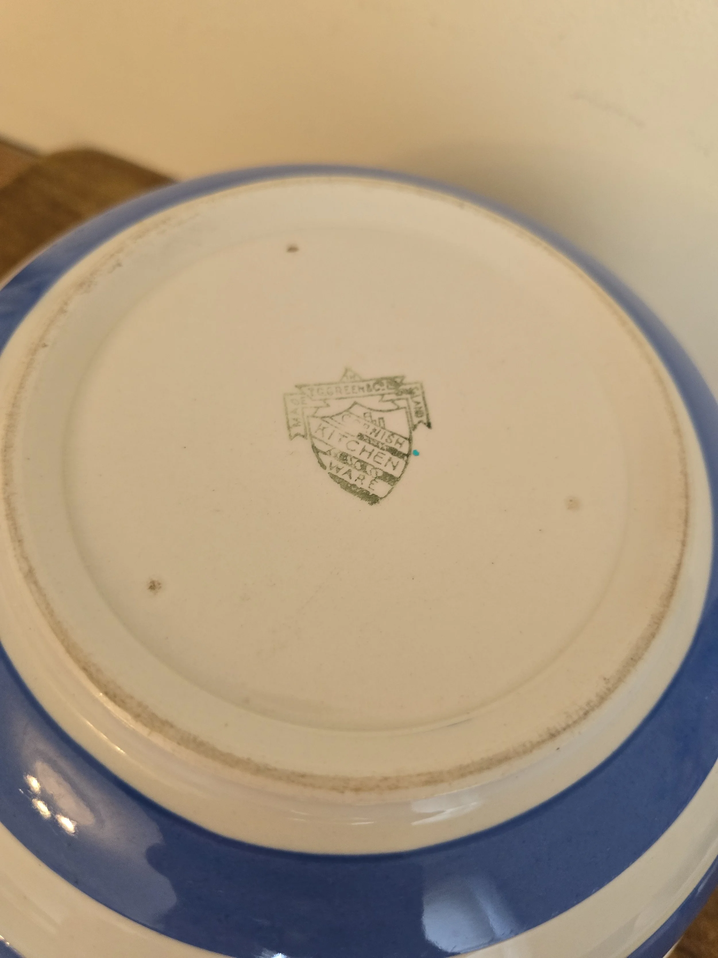 Vintage blue stripe kitchen bowl with original Cornish backstamp