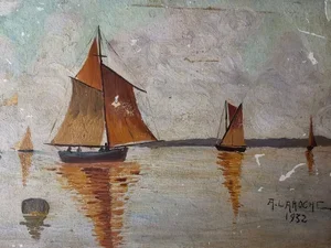 Signature of A. Laroche dated 1932 on vintage French maritime painting.